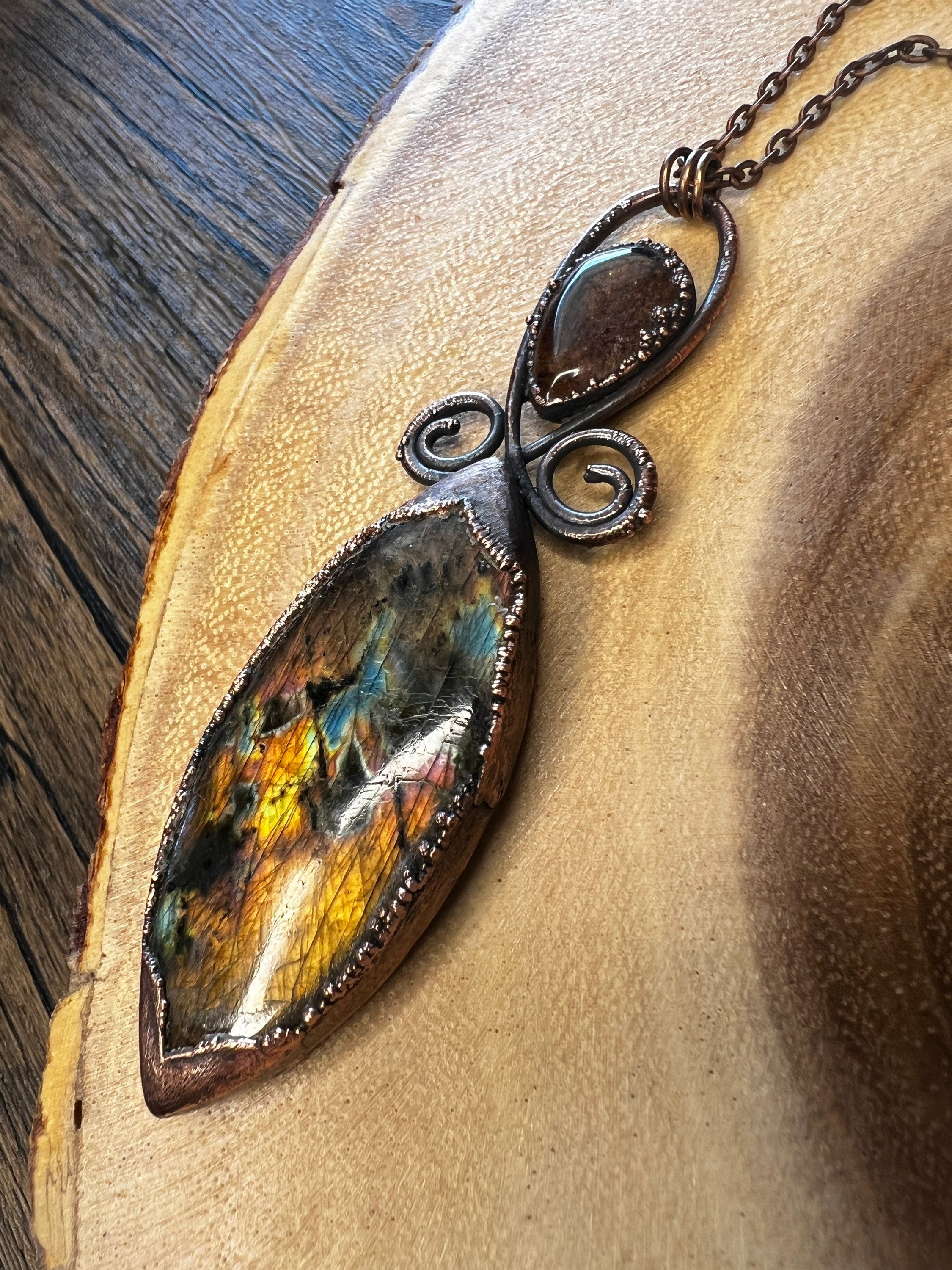 Labradorite & Garden Quartz Pendant • Electroformed Copper • Handmade Necklace