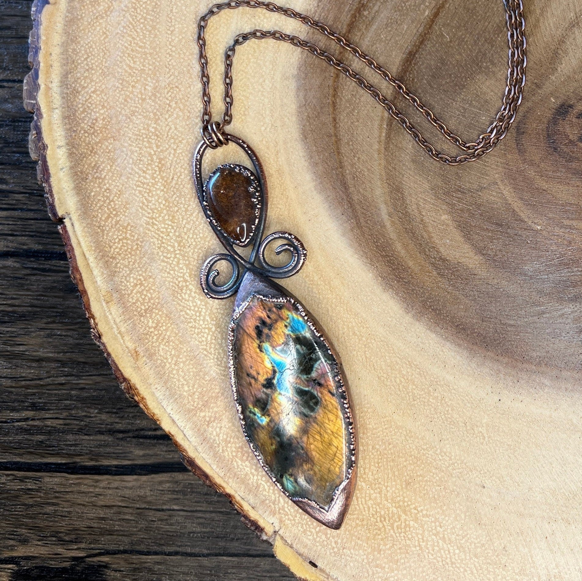 Labradorite & Garden Quartz Pendant • Electroformed Copper • Handmade Necklace