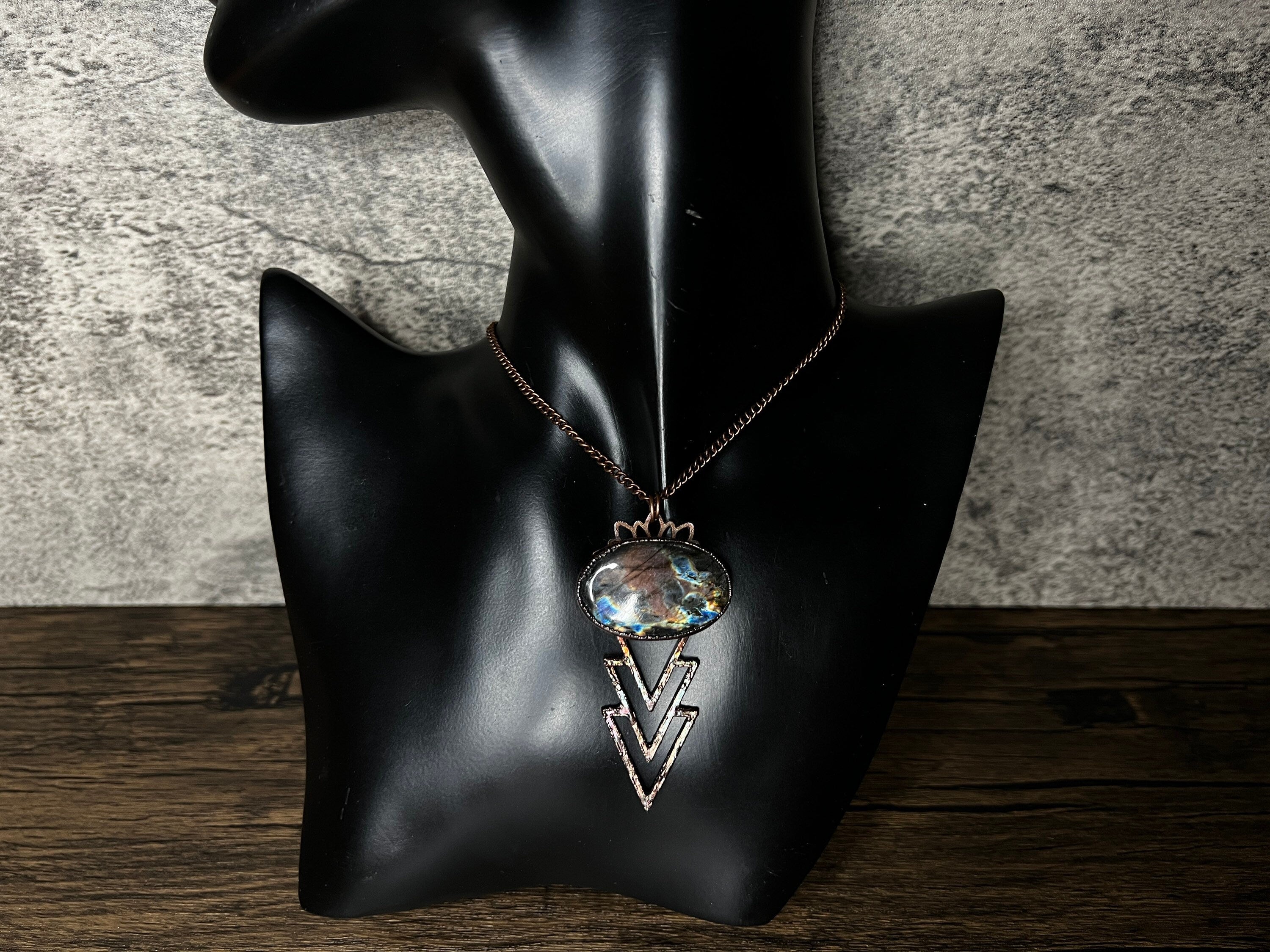 Labradorite Triangle Pendant • Electroformed Copper • Geometric Necklace