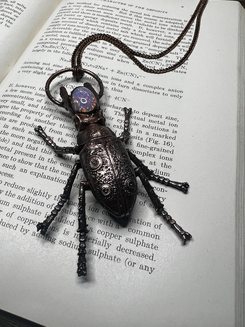Ornate Stag Beetle Pendant • Fire Opal • Electroformed Copper