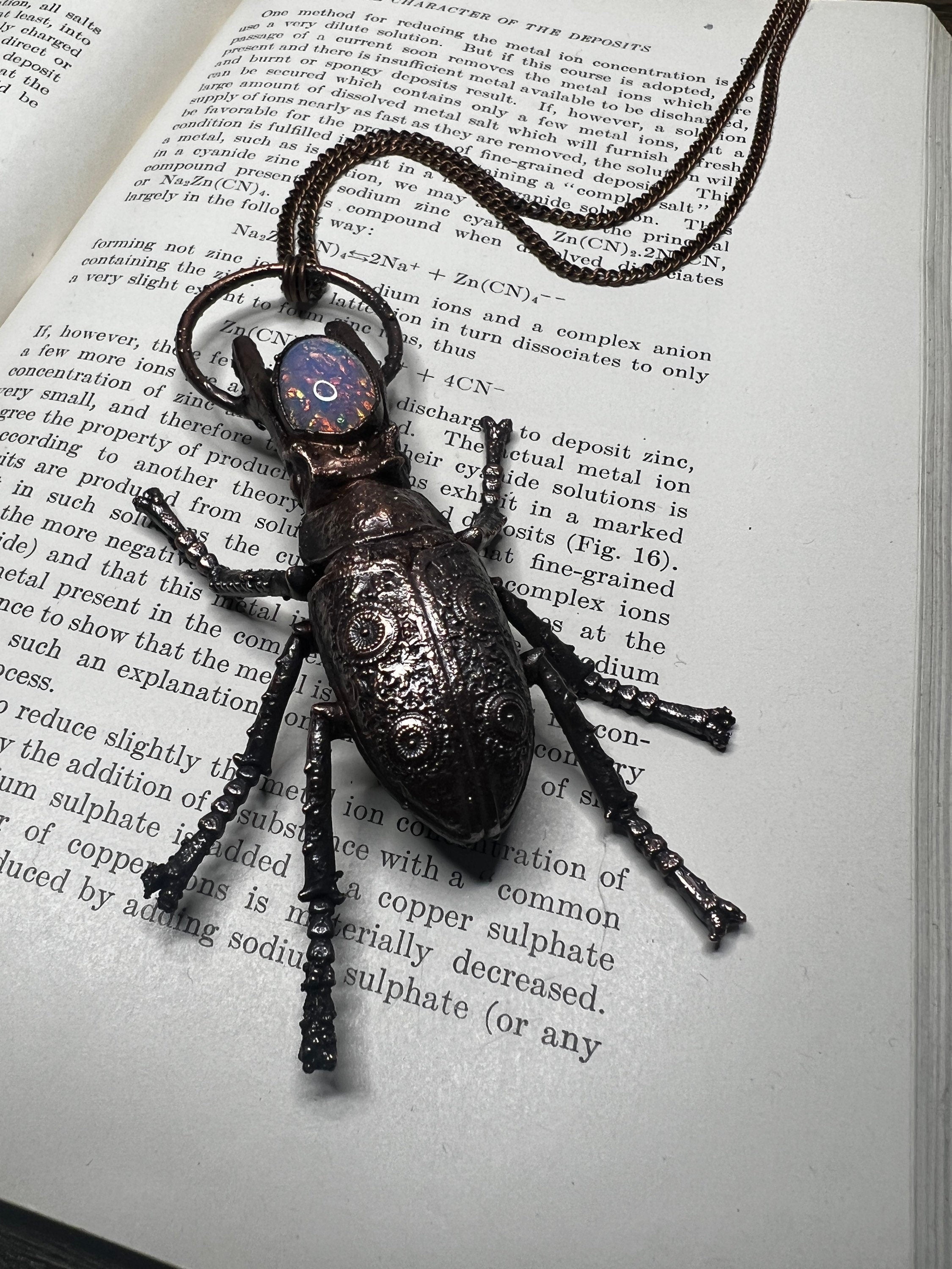Ornate Stag Beetle Pendant • Fire Opal • Electroformed Copper