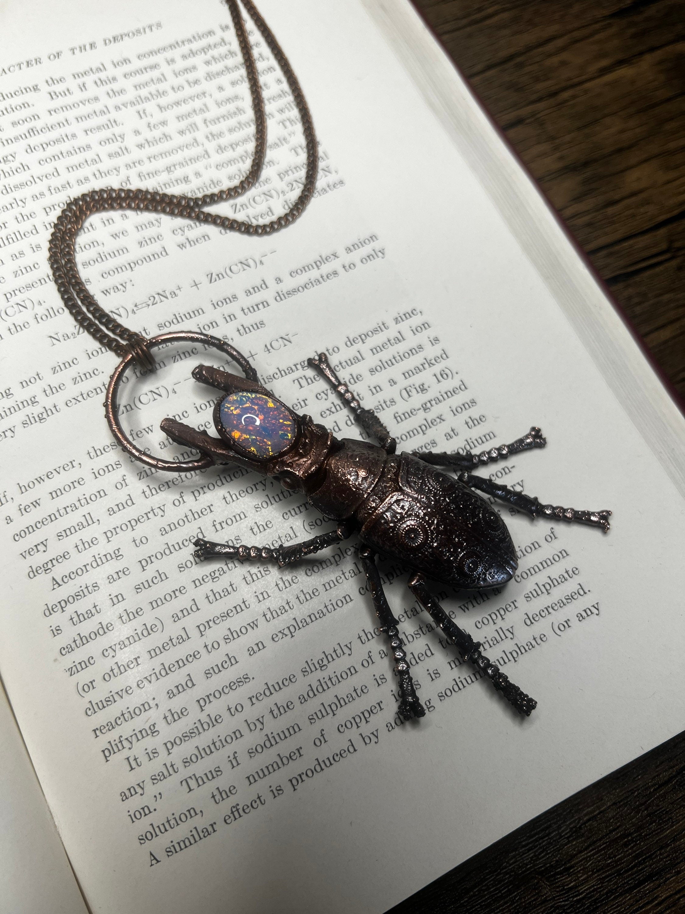 Ornate Stag Beetle Pendant • Fire Opal • Electroformed Copper