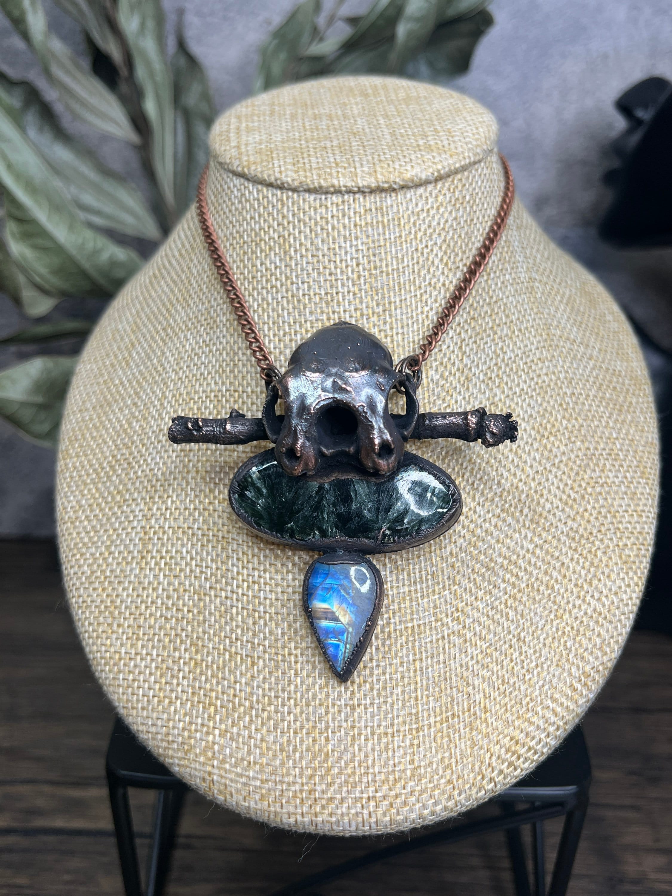 Conjoined Cat Skull Pendant • Seraphinite & Rainbow Moonstone • Electroformed Copper