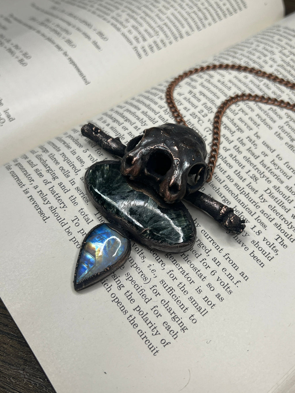 Conjoined Cat Skull Pendant • Seraphinite & Rainbow Moonstone • Electroformed Copper