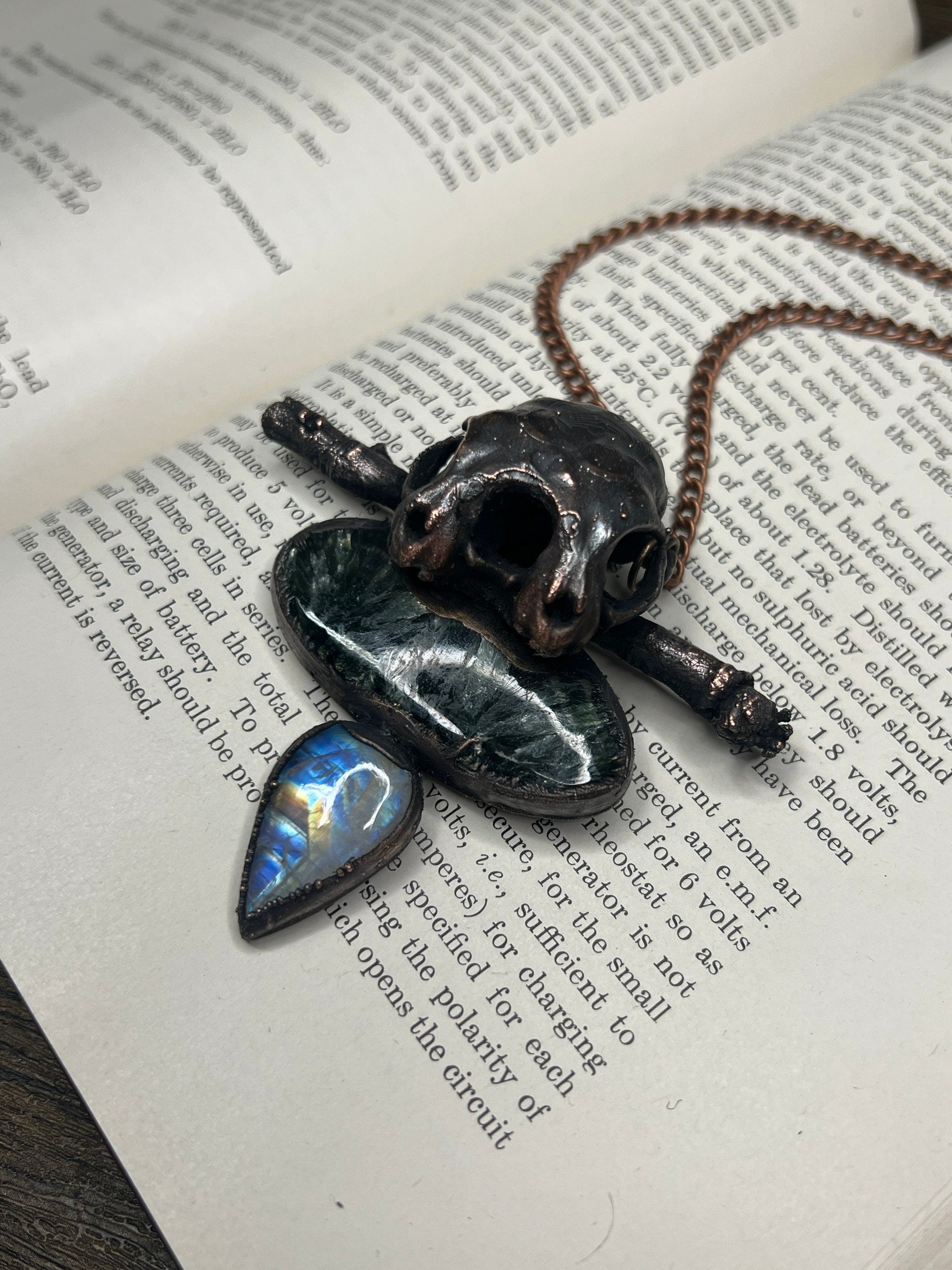 Conjoined Cat Skull Pendant • Seraphinite & Rainbow Moonstone • Electroformed Copper