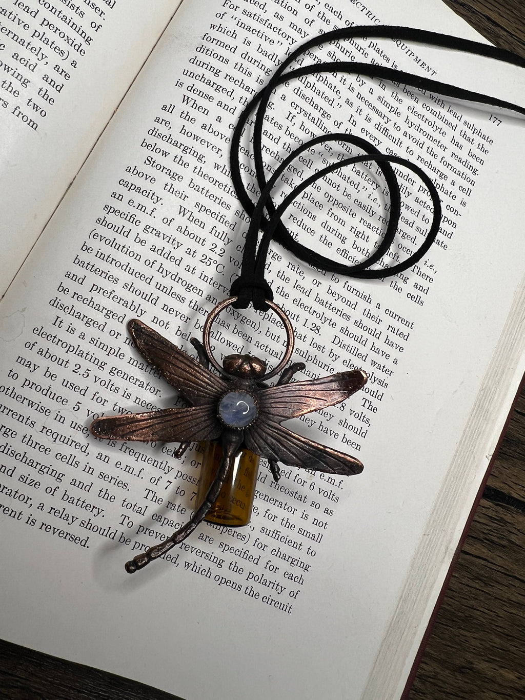 Dragonfly Essential Oil Roller Pendant • Moonstone • Electroformed Copper