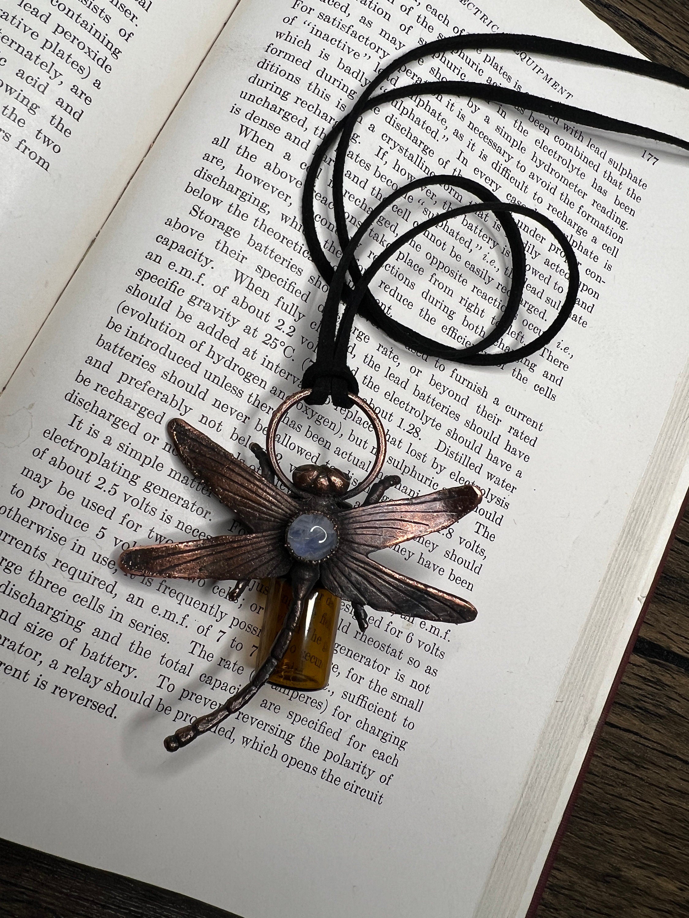 Dragonfly Essential Oil Roller Pendant • Moonstone • Electroformed Copper