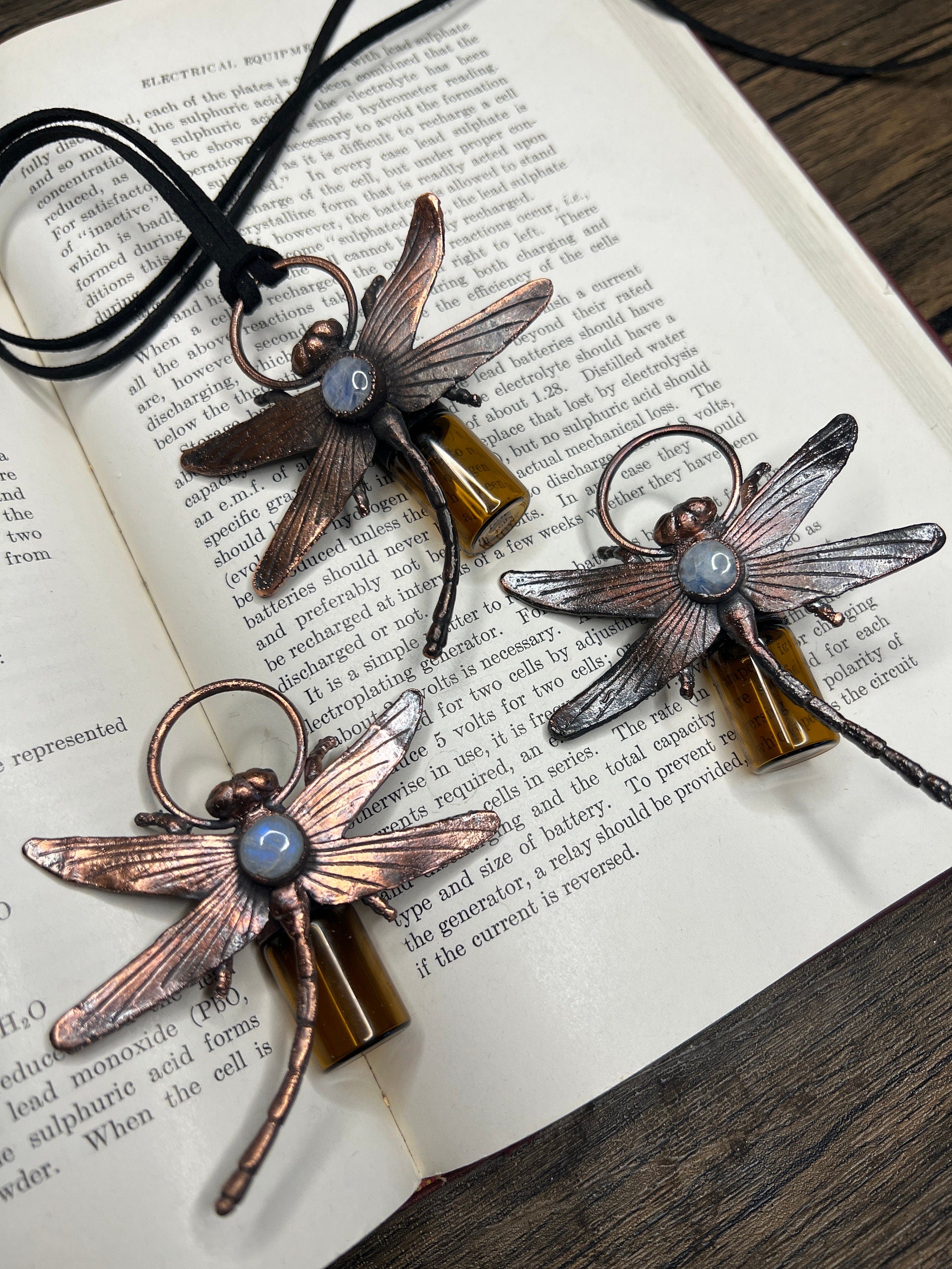 Dragonfly Essential Oil Roller Pendant • Moonstone • Electroformed Copper