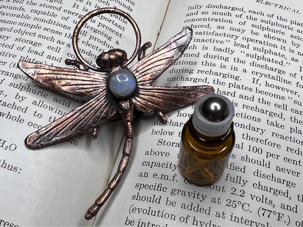 Dragonfly Essential Oil Roller Pendant • Moonstone • Electroformed Copper