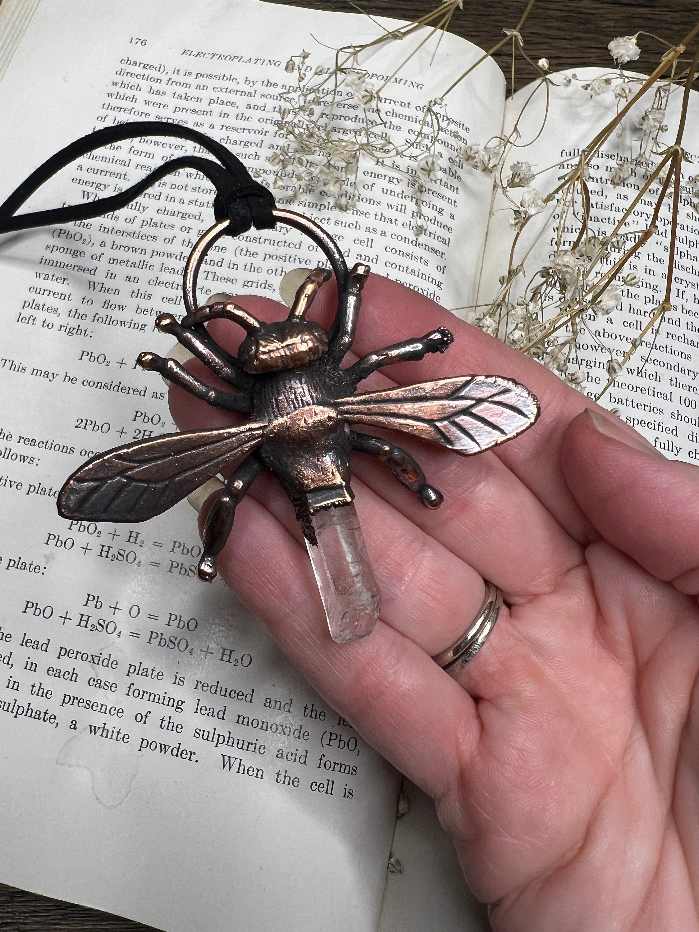 Dragonfly Pendant • Crystal Quartz • Electroformed Copper