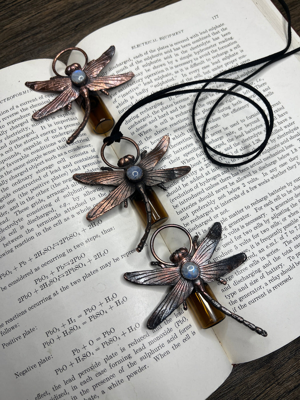 Dragonfly Essential Oil Roller Pendant • Moonstone • Electroformed Copper