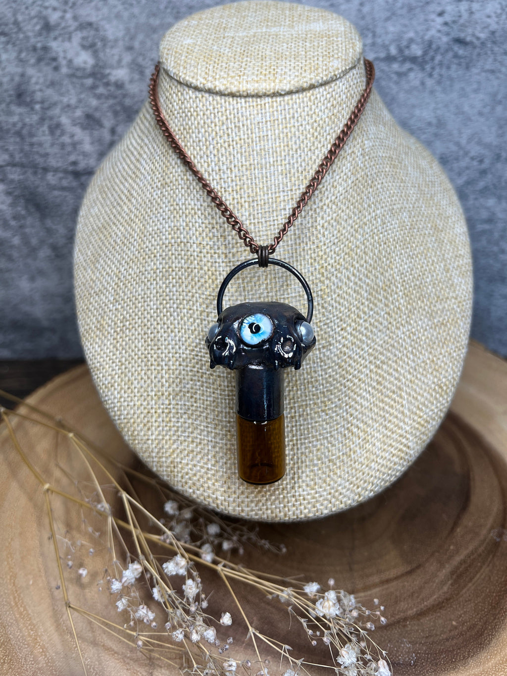 Conjoined Cat Skull Essential Oil Roller Pendant • Blue Glass Eye • Electroformed Copper