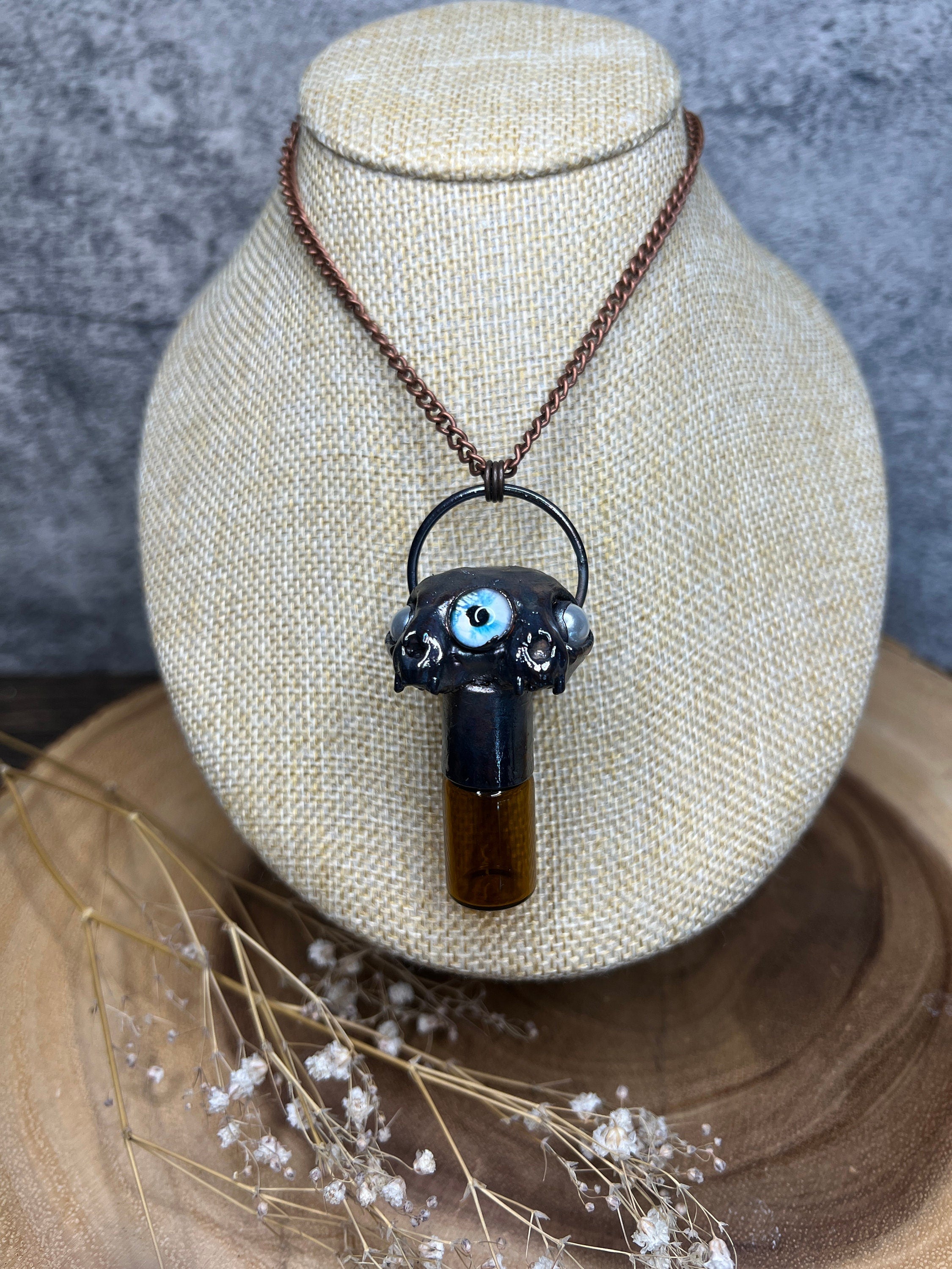 Conjoined Cat Skull Essential Oil Roller Pendant • Blue Glass Eye • Electroformed Copper