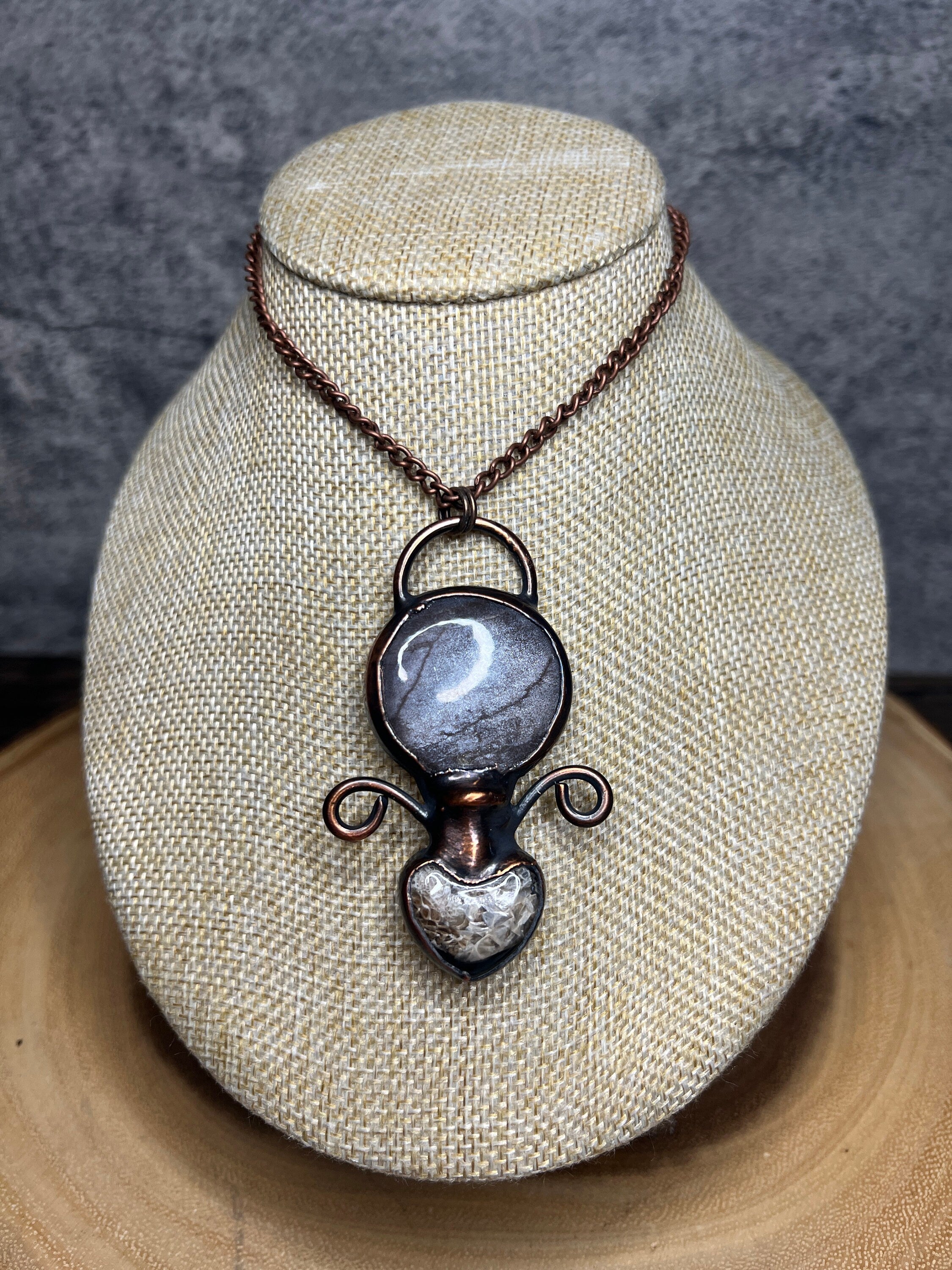 Potion Bottle Pendant • Gray Moonstone • Snake Shed • Electroformed Copper