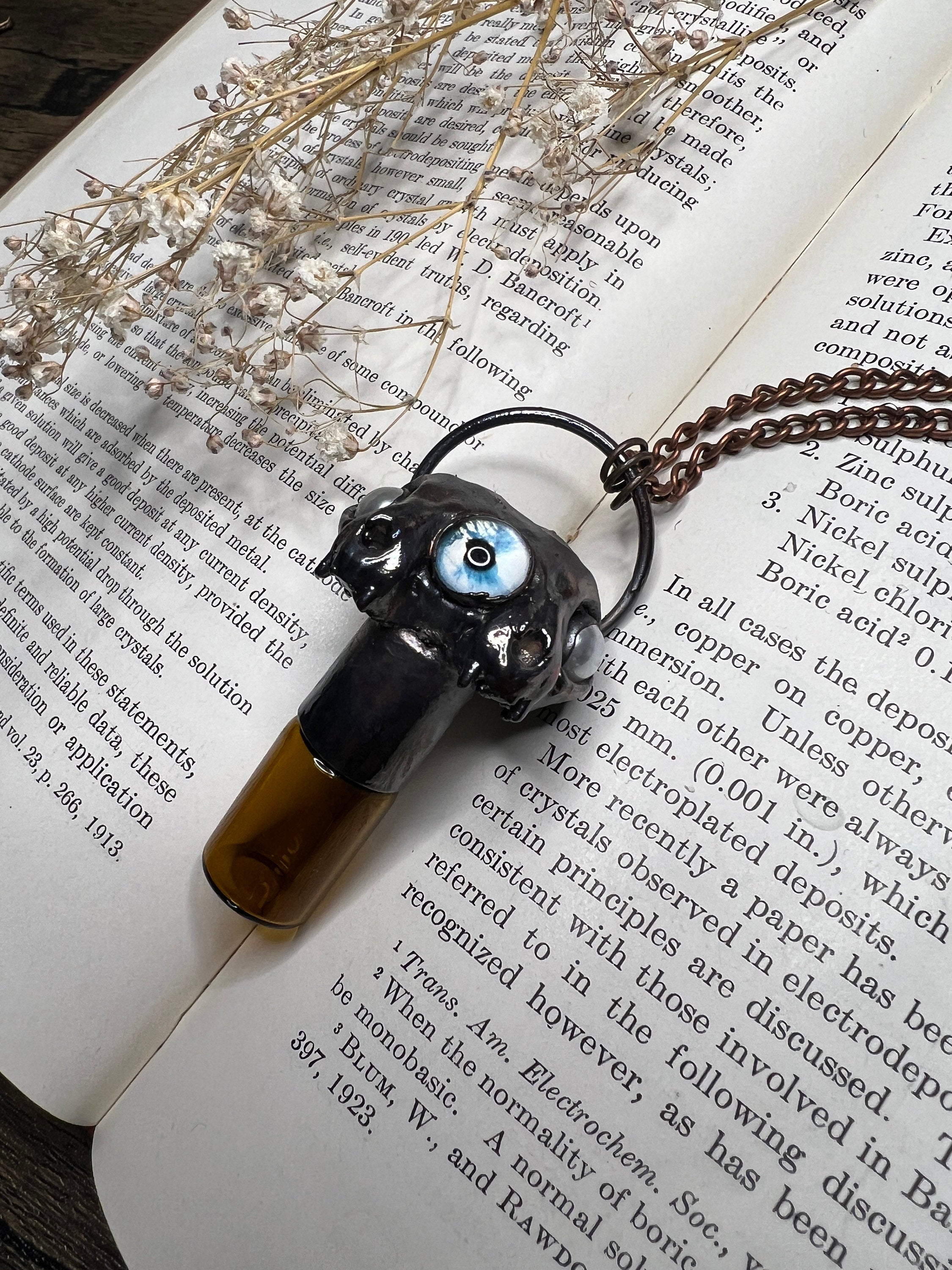 Conjoined Cat Skull Essential Oil Roller Pendant • Blue Glass Eye • Electroformed Copper