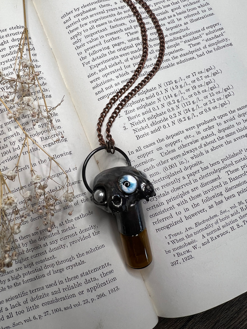 Conjoined Cat Skull Essential Oil Roller Pendant • Blue Glass Eye • Electroformed Copper