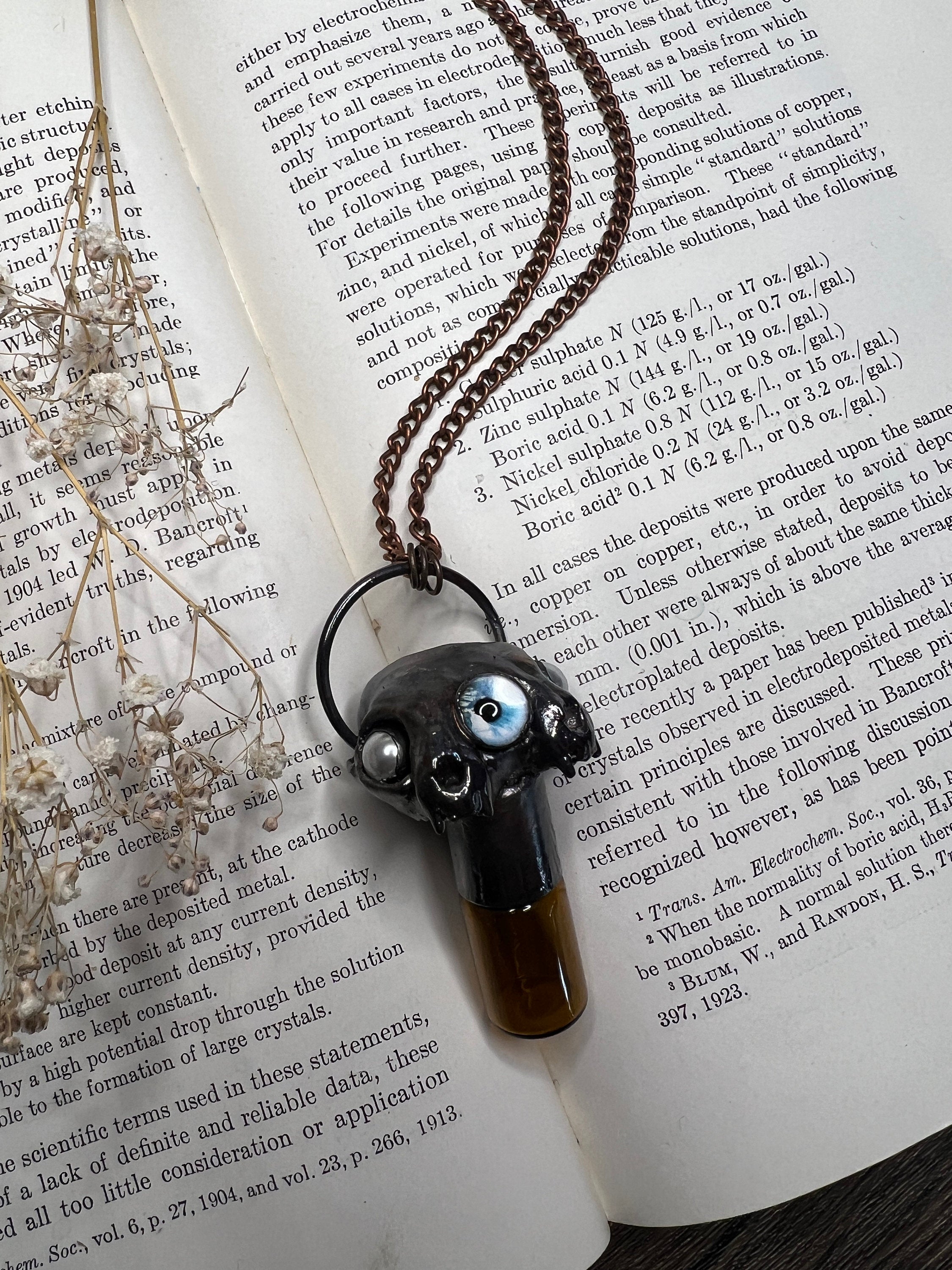Conjoined Cat Skull Essential Oil Roller Pendant • Blue Glass Eye • Electroformed Copper