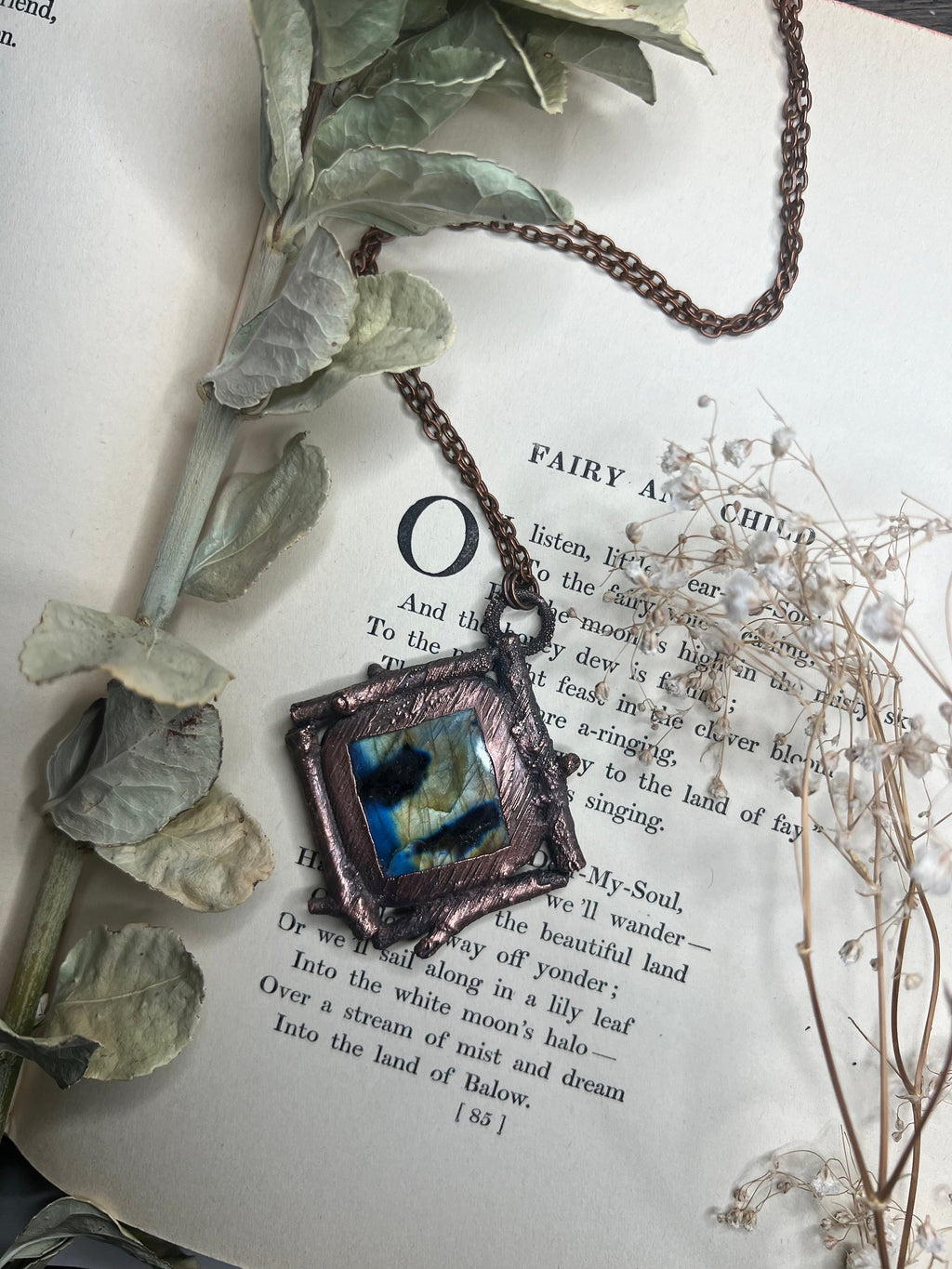Labradorite Twig Pendant • Electroformed Copper • Handmade Necklace