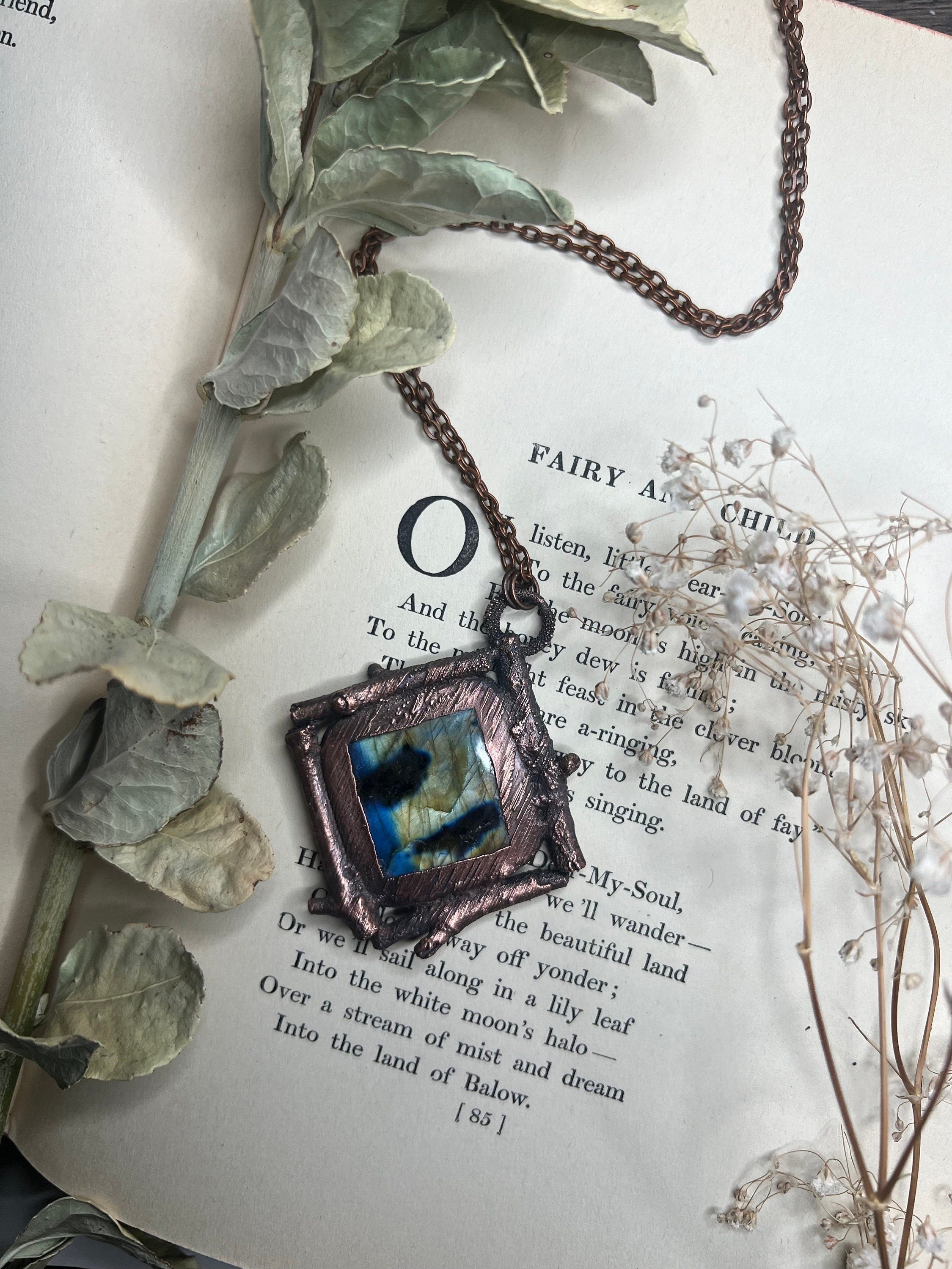 Labradorite Twig Pendant • Electroformed Copper • Handmade Necklace