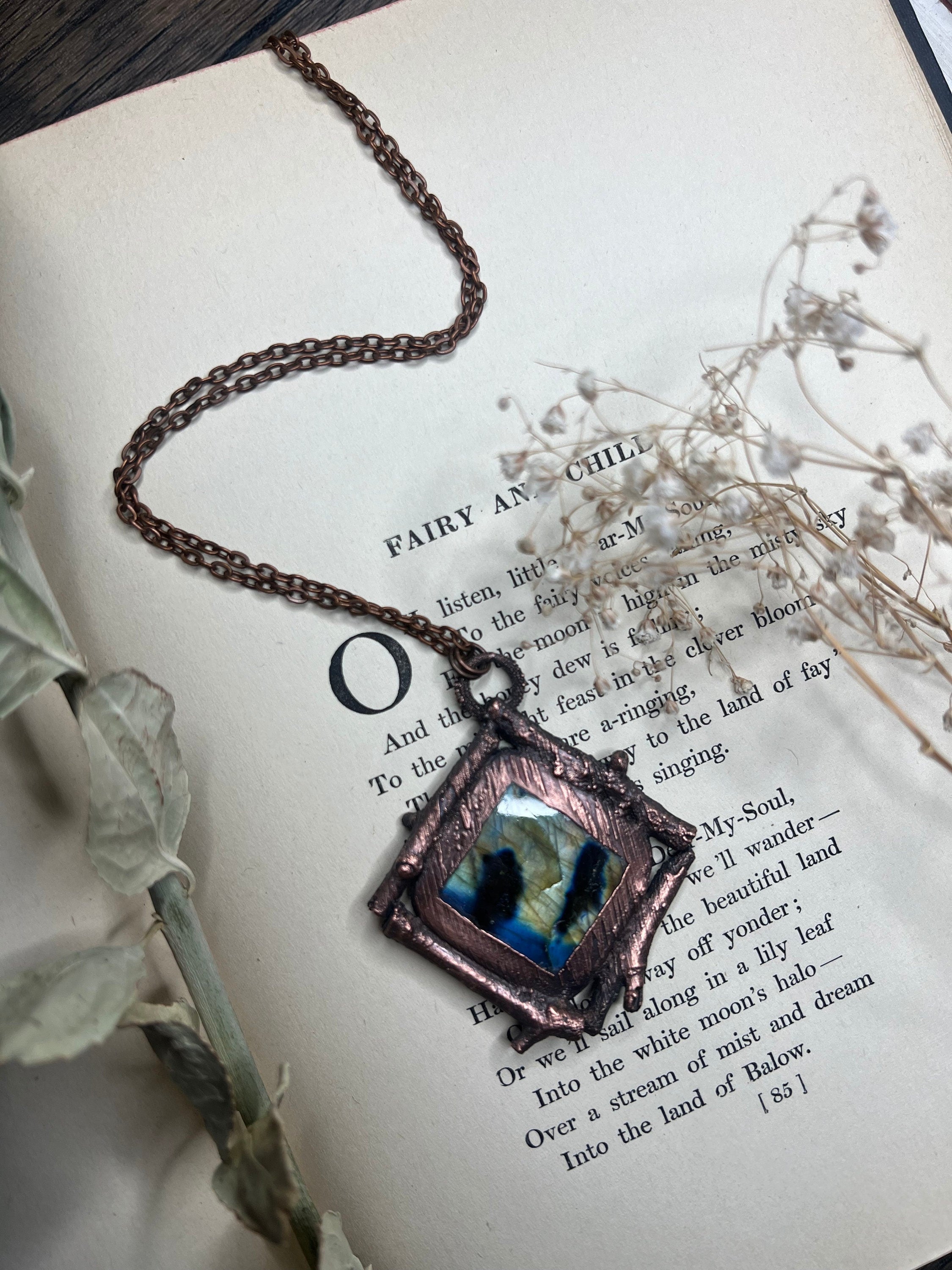 Labradorite Twig Pendant • Electroformed Copper • Handmade Necklace