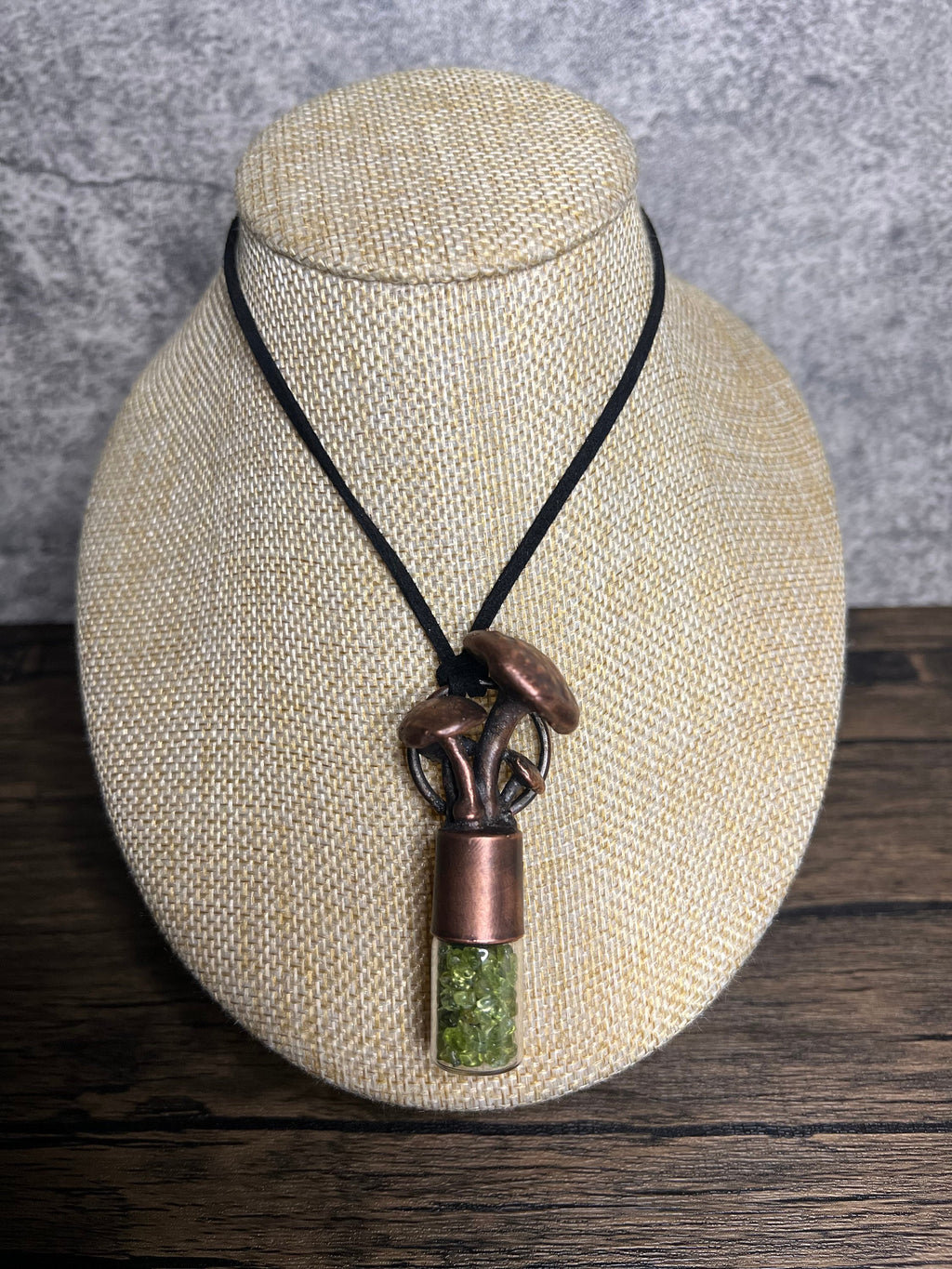 Magic Mushroom Essential Oil Roller Necklace • Electroformed Copper • Peridot