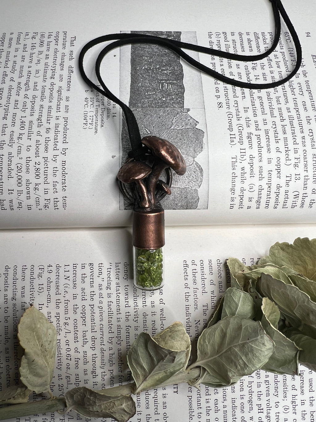 Magic Mushroom Essential Oil Roller Necklace • Electroformed Copper • Peridot