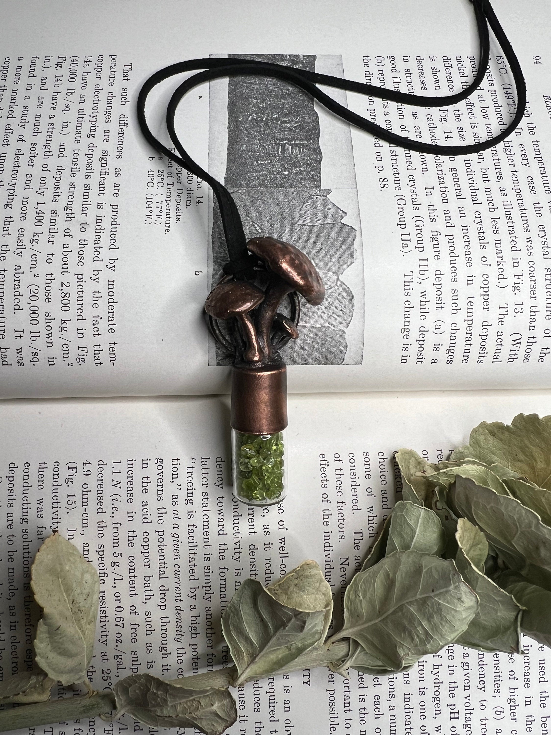 Magic Mushroom Essential Oil Roller Necklace • Electroformed Copper • Peridot