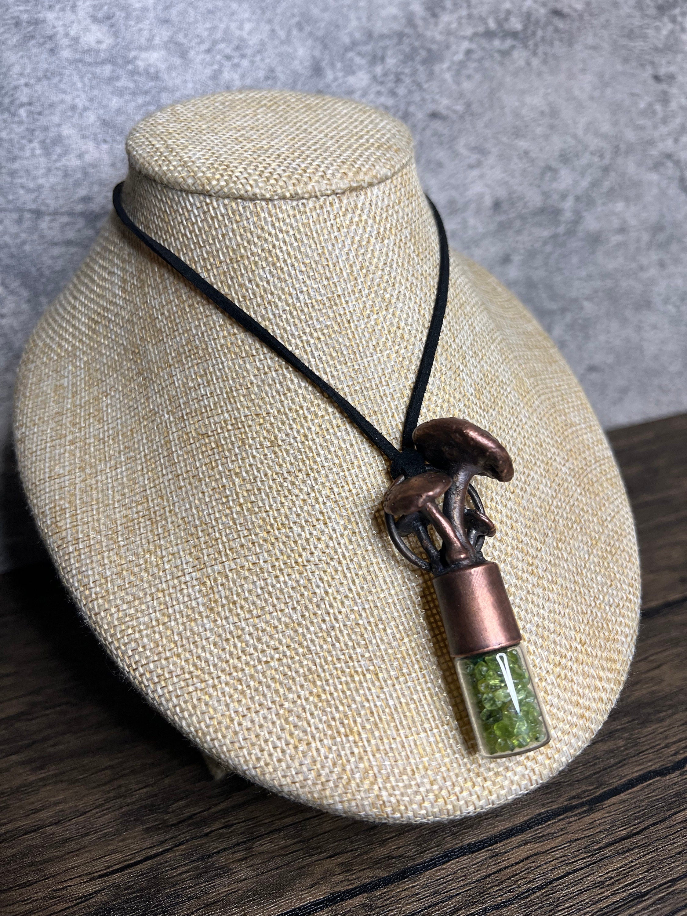 Magic Mushroom Essential Oil Roller Necklace • Electroformed Copper • Peridot
