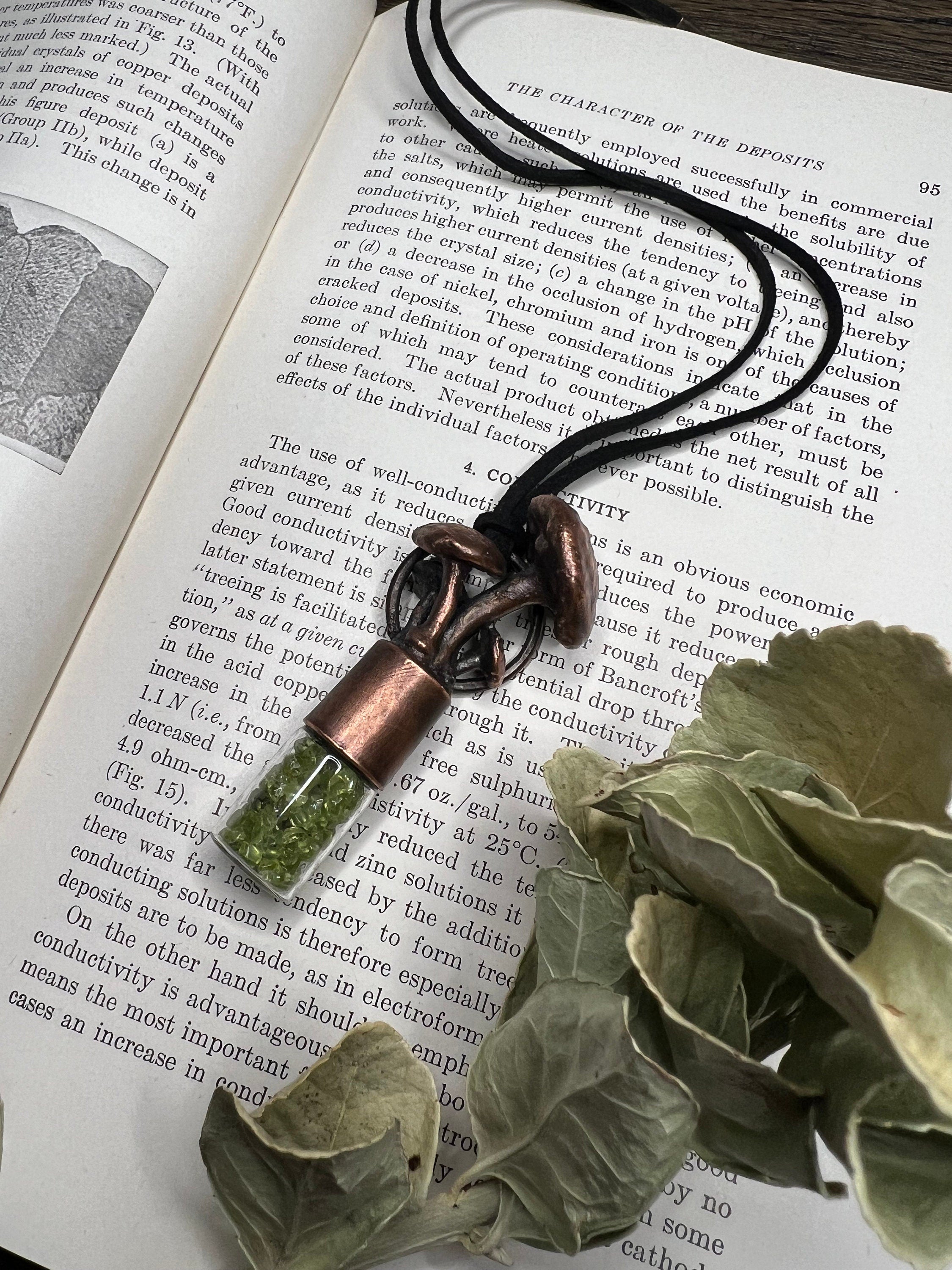 Magic Mushroom Essential Oil Roller Necklace • Electroformed Copper • Peridot