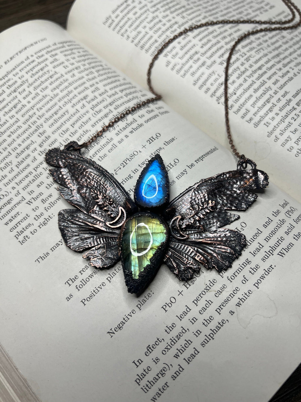 Real Cicada Wing Pendant • Rainbow Moonstone & Labradorite • Electroformed Copper