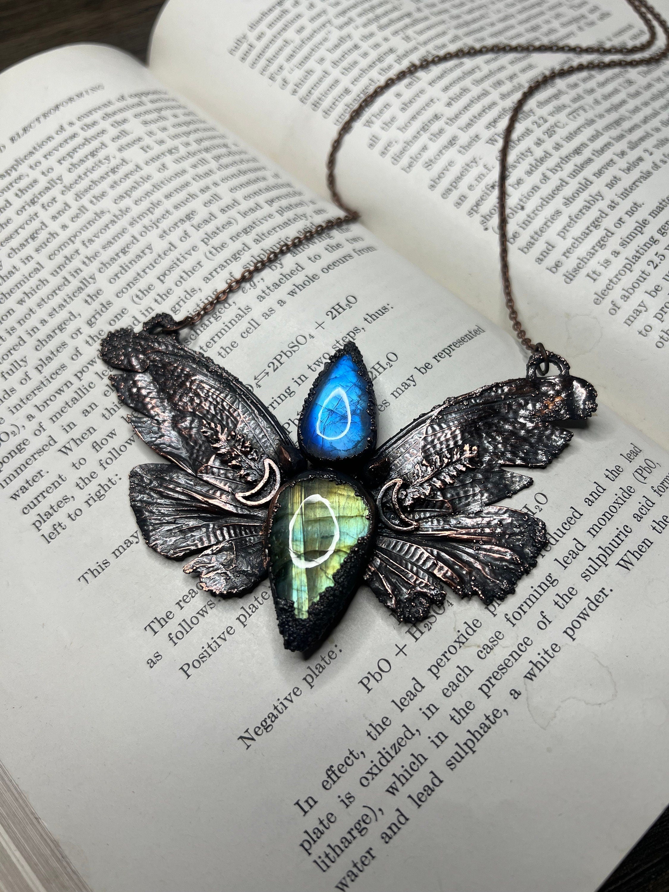 Real Cicada Wing Pendant • Rainbow Moonstone & Labradorite • Electroformed Copper