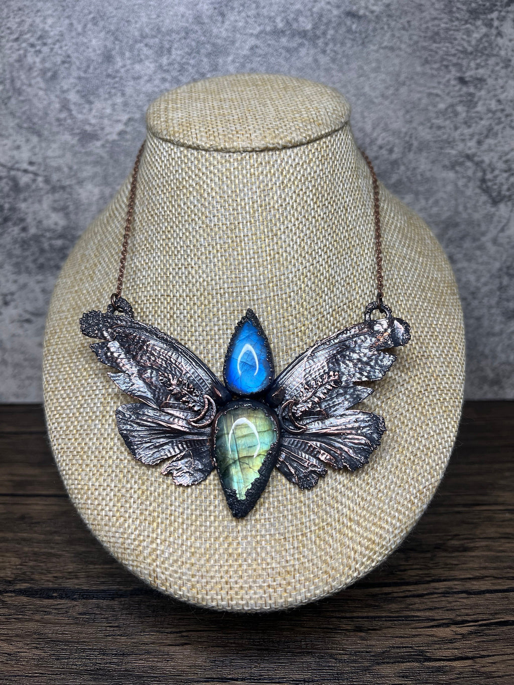 Real Cicada Wing Pendant • Rainbow Moonstone & Labradorite • Electroformed Copper