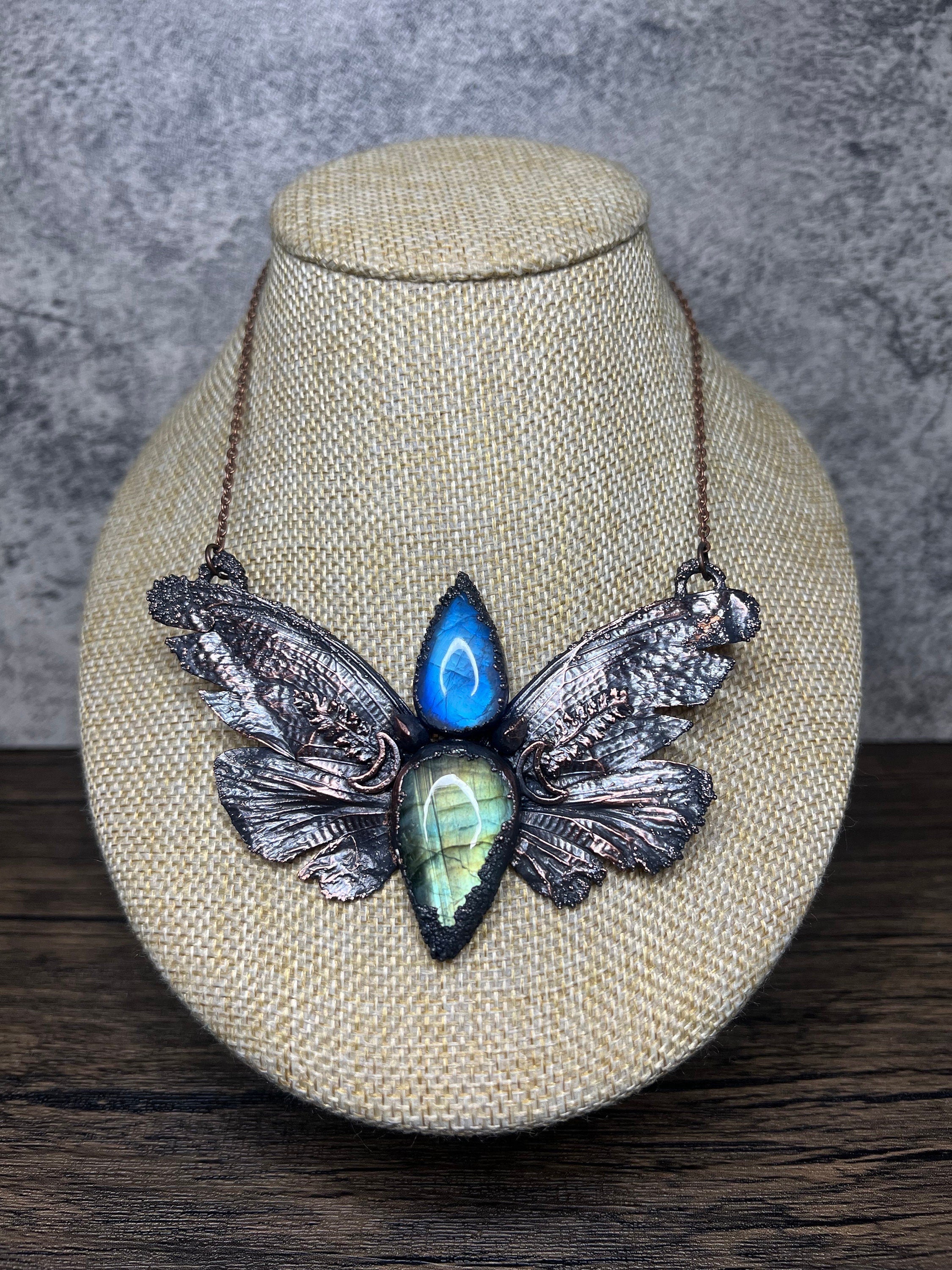 Real Cicada Wing Pendant • Rainbow Moonstone & Labradorite • Electroformed Copper