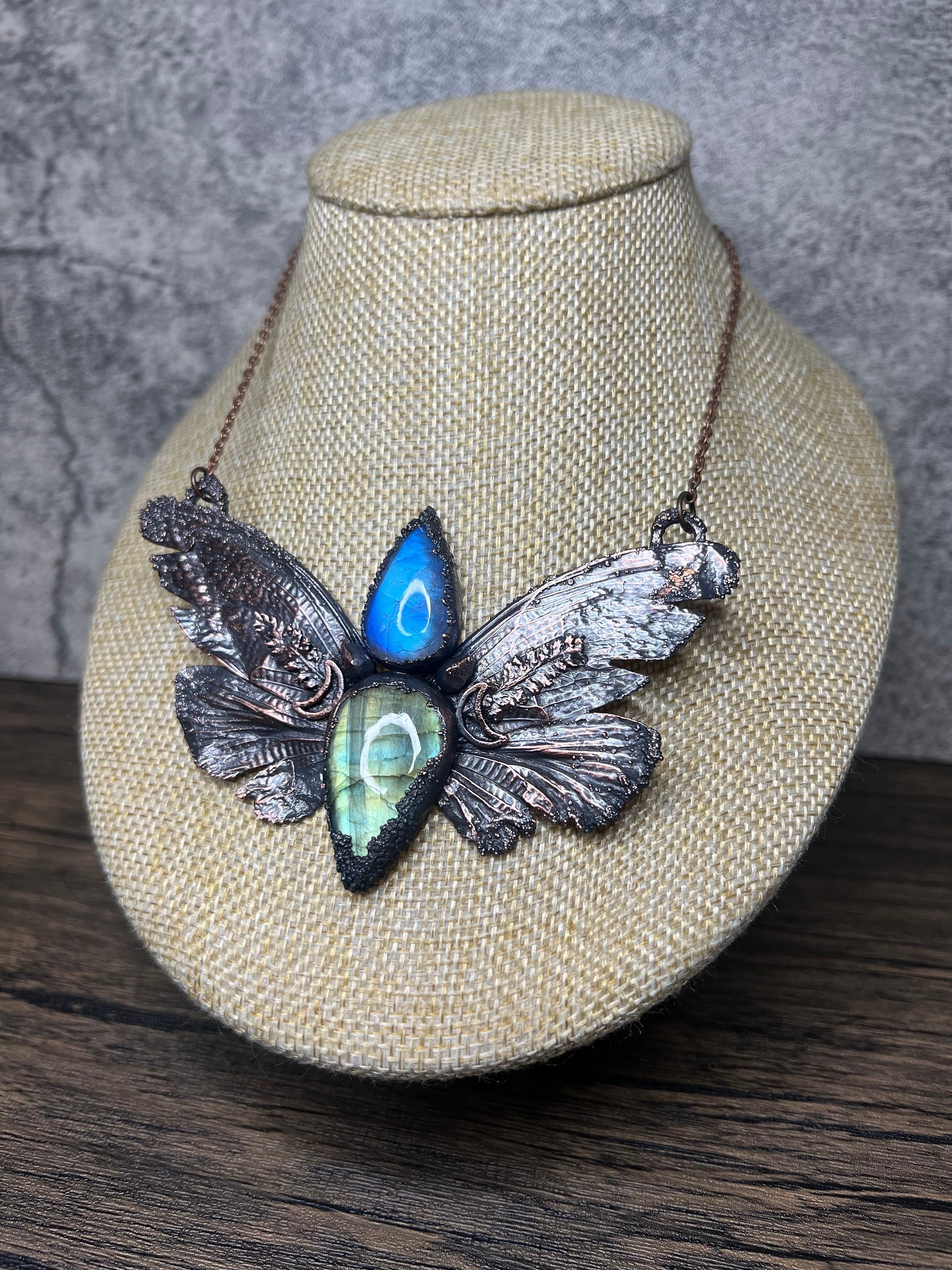 Real Cicada Wing Pendant • Rainbow Moonstone & Labradorite • Electroformed Copper