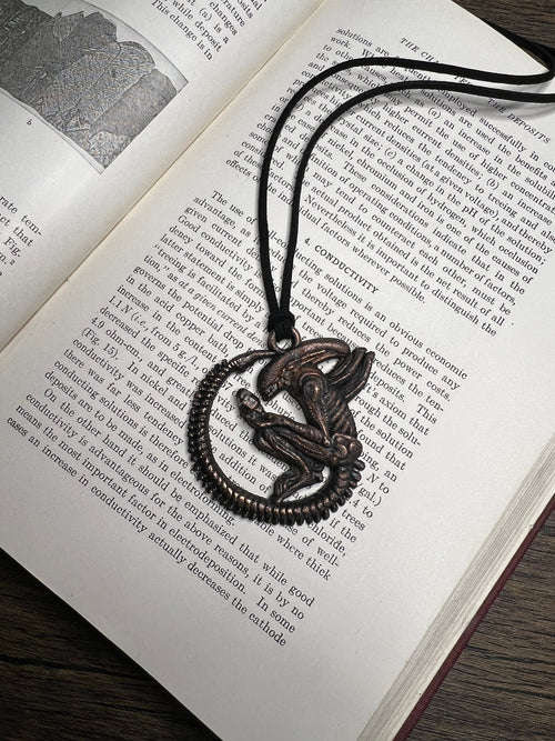 May include: A bronze-colored pendant featuring a detailed, skeletal creature with a long tail and wings. The pendant is hanging from a black cord and is surrounded by a circular, metal frame.