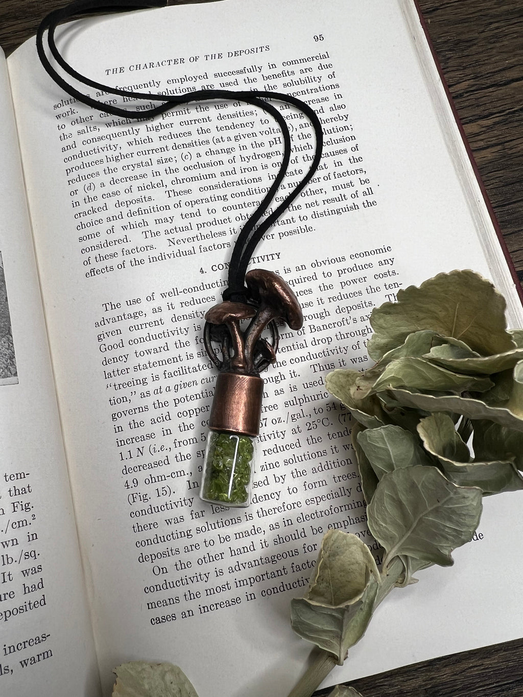 May include: A close-up of a copper and silver necklace with a mushroom pendant. The pendant is filled with green crystals and is hanging from a black cord. The necklace is resting on a page of a book with text about the character of deposits.