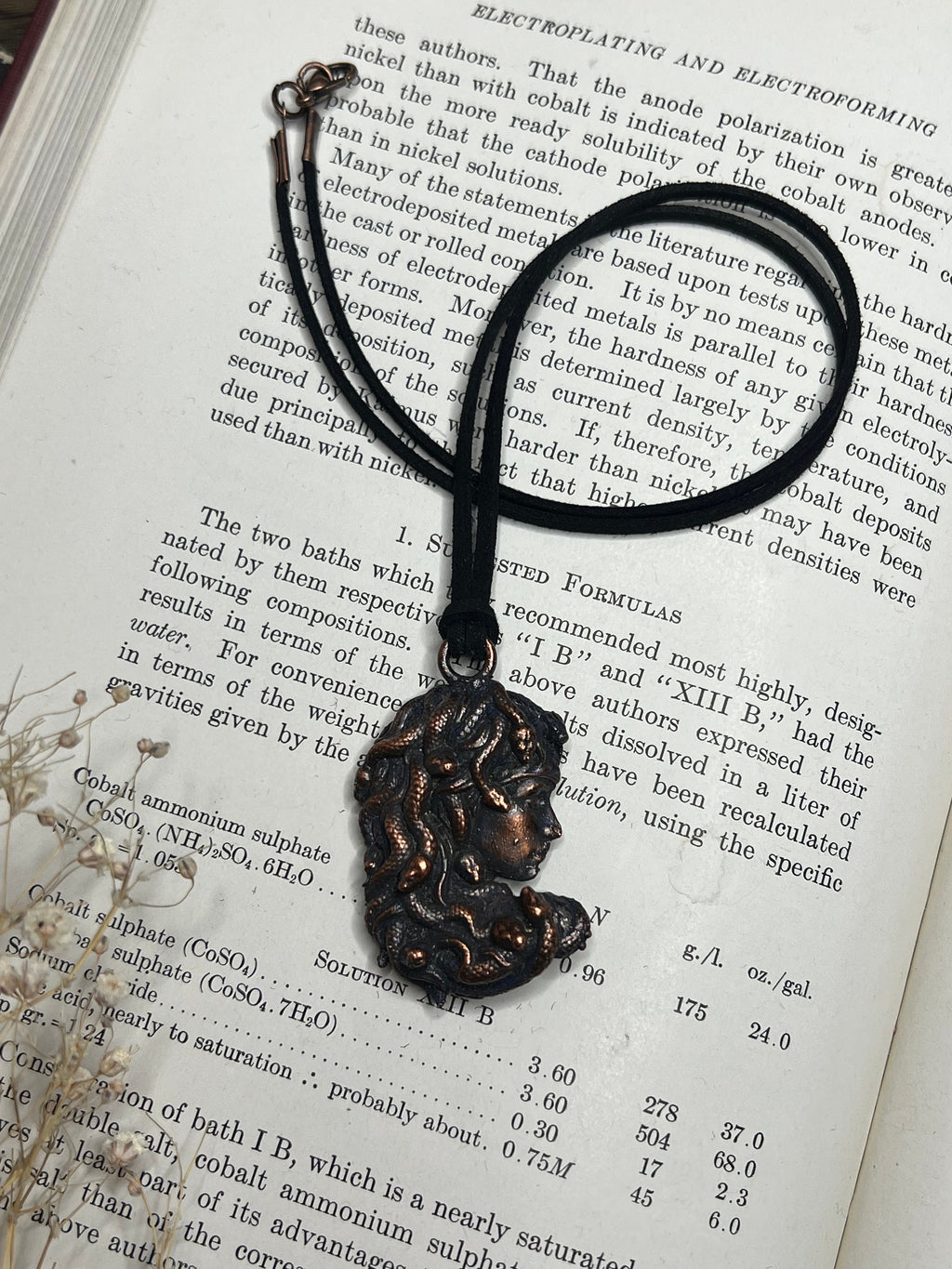 May include: A black cord necklace with a bronze pendant featuring a detailed depiction of Medusa, the Greek mythological figure with snakes for hair. The pendant is surrounded by text about electroplating and electroforming.