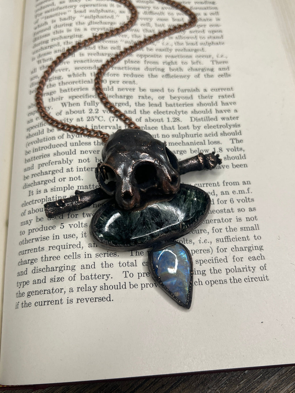 May include: A copper chain necklace with a skull pendant, a green and black stone, and a blue iridescent stone. The necklace is on a book with text about batteries.