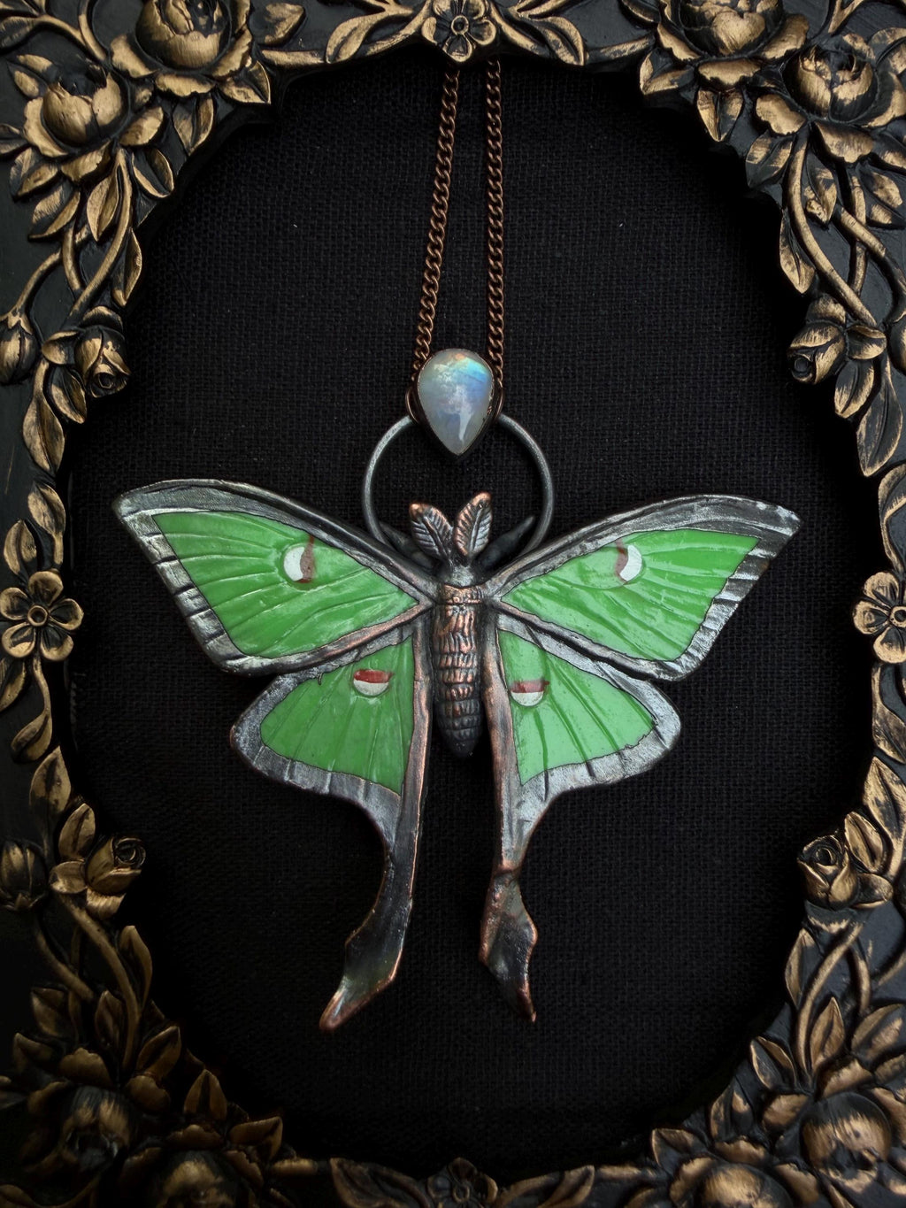 Luna Moth Pendant • Moonstone • Electroformed Copper • Nature Inspired Necklace