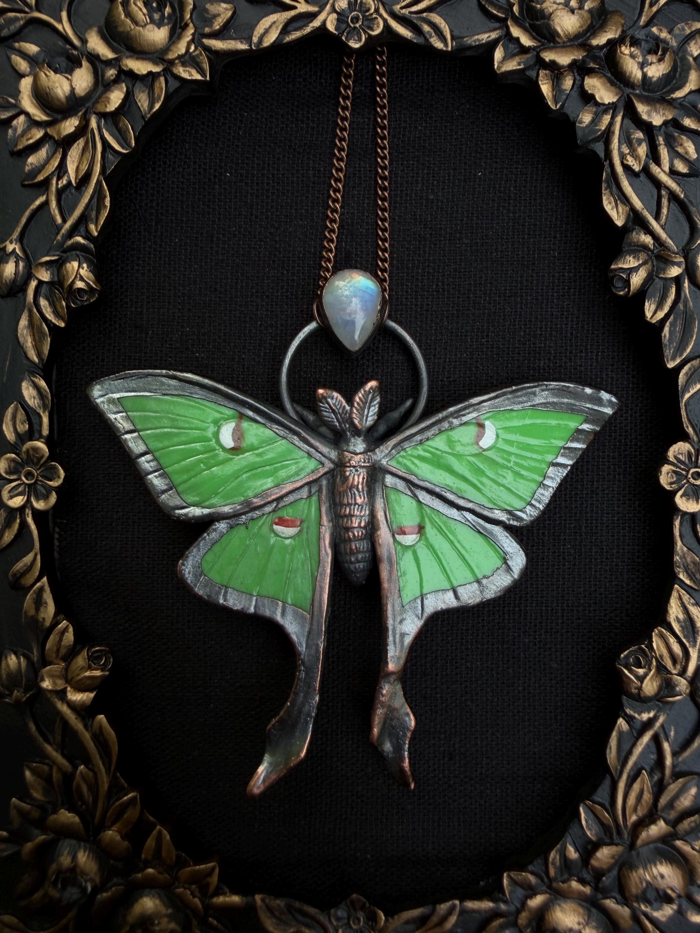 Luna Moth Pendant • Moonstone • Electroformed Copper • Nature Inspired Necklace