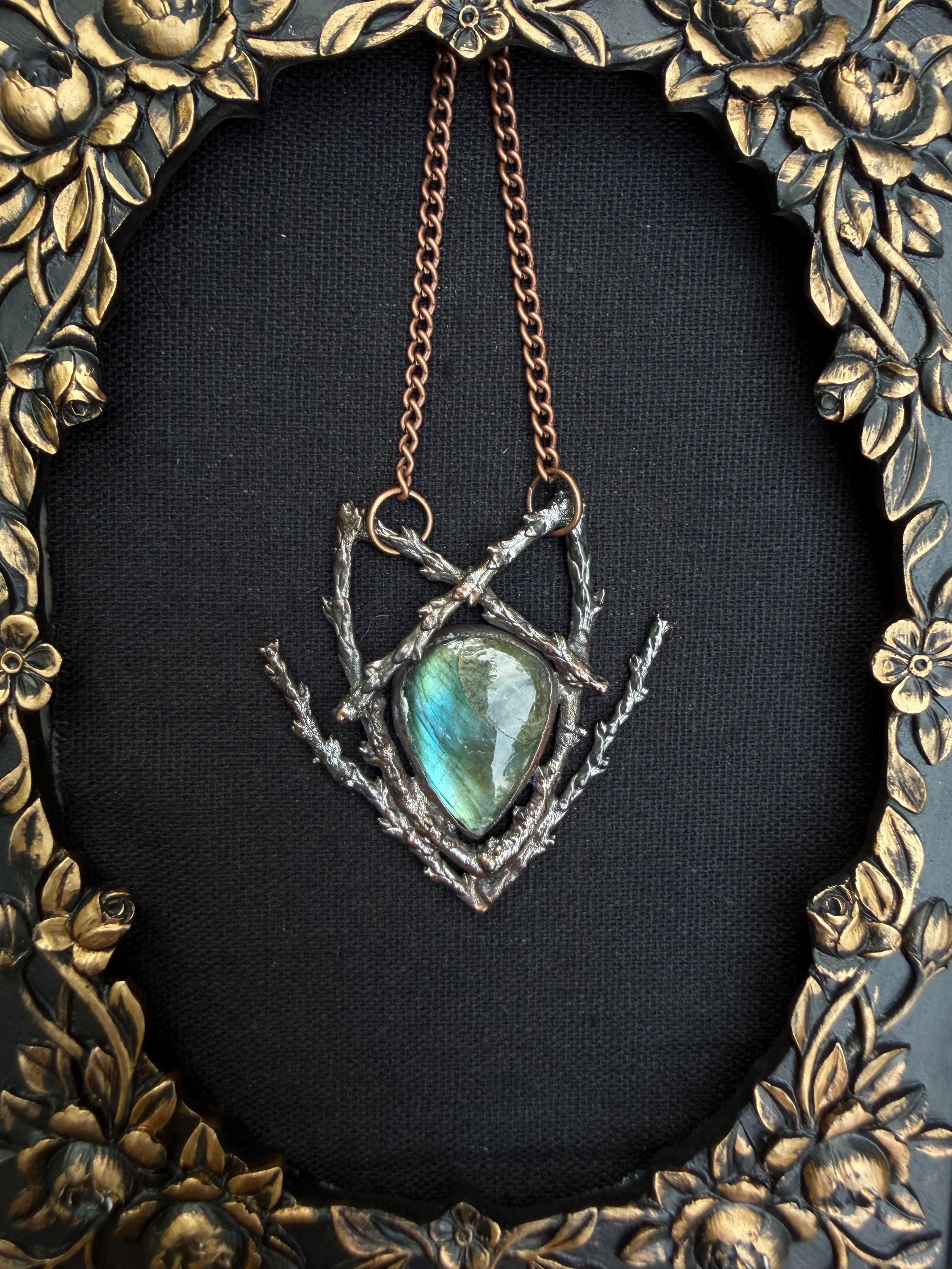 Labradorite Twig Pendant • One of a Kind • Electroformed Copper Woodland Necklace