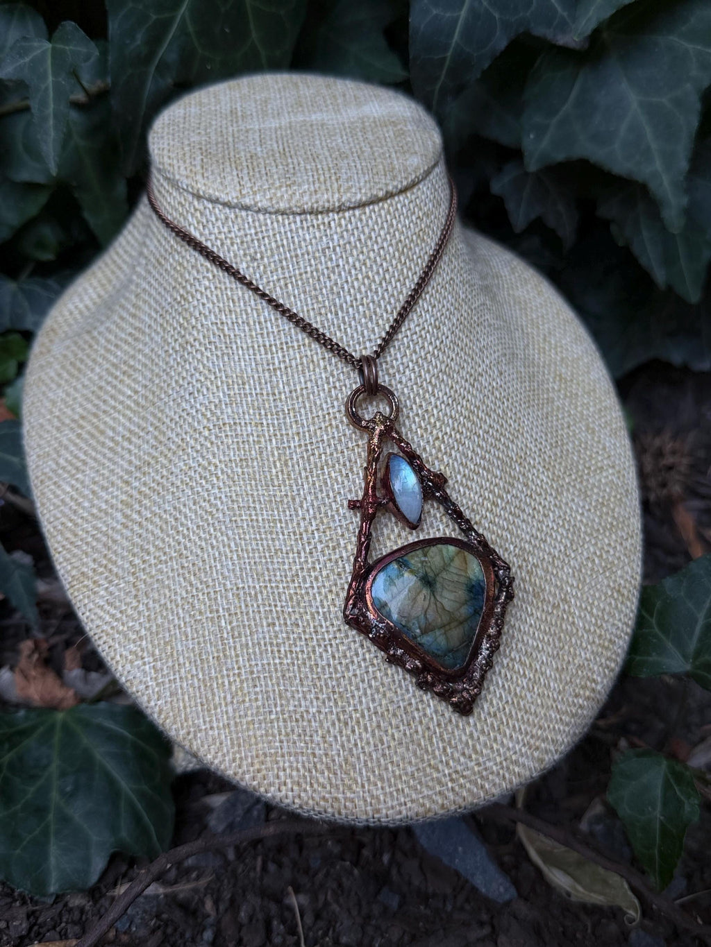 Labradorite Twig Frame Pendant • Electroformed Copper • Botanical Necklace • Gothic Nature Jewelry