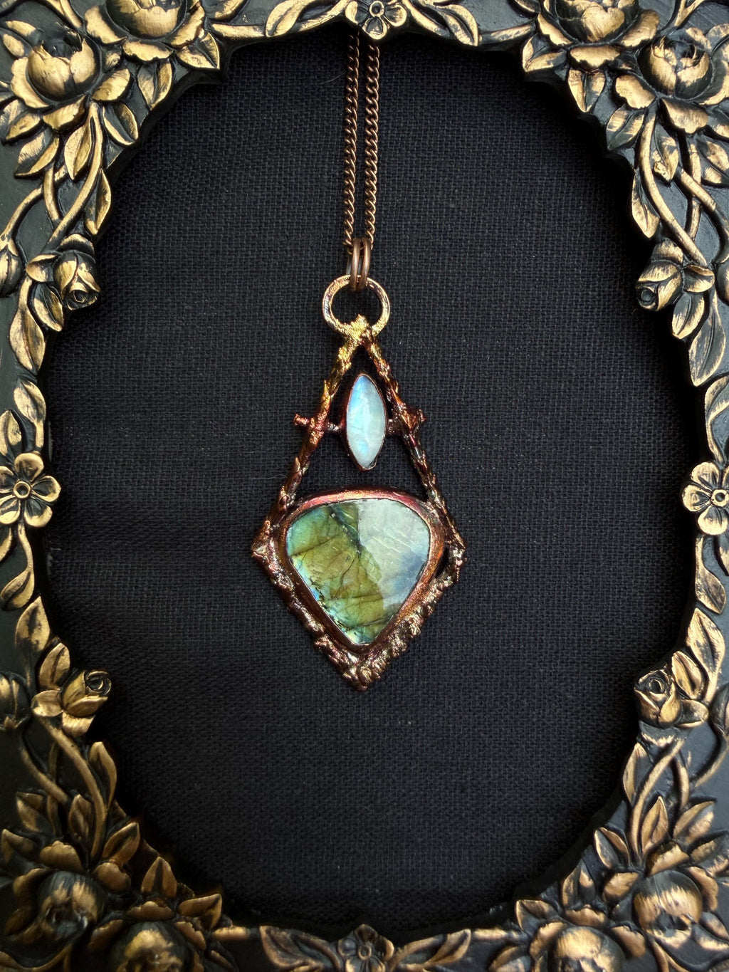 Labradorite Twig Frame Pendant • Electroformed Copper • Botanical Necklace • Gothic Nature Jewelry