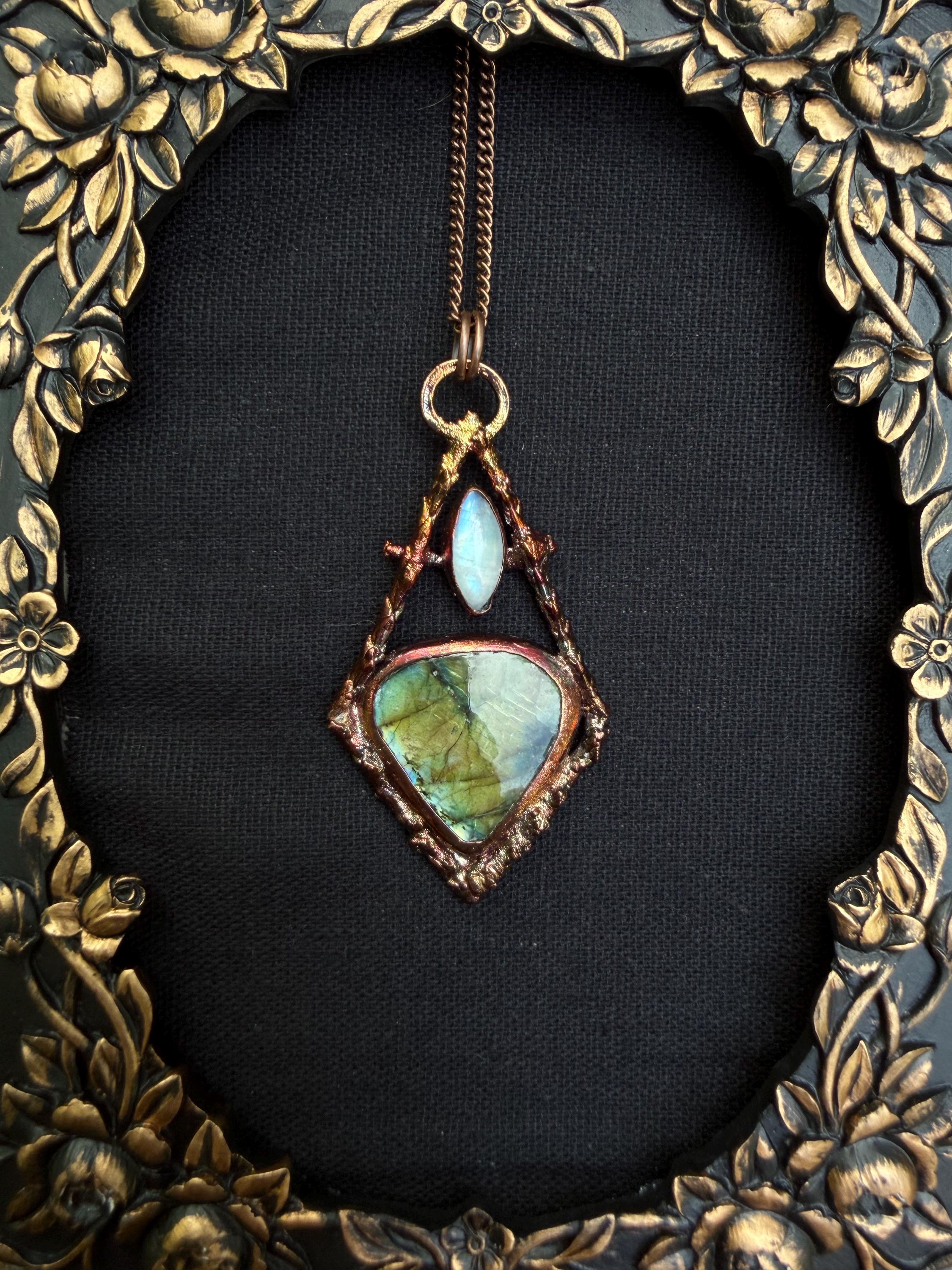 Labradorite Twig Frame Pendant • Electroformed Copper • Botanical Necklace • Gothic Nature Jewelry