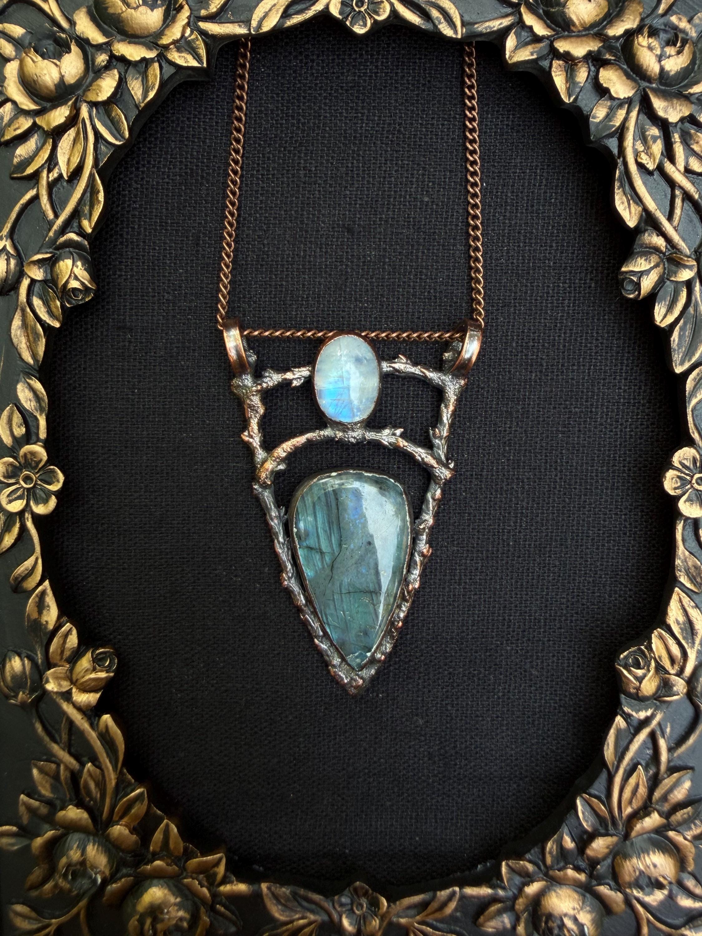 Cathedral Labradorite & Moonstone Twig Pendant • One of a Kind • Electroformed Copper Woodland Necklace