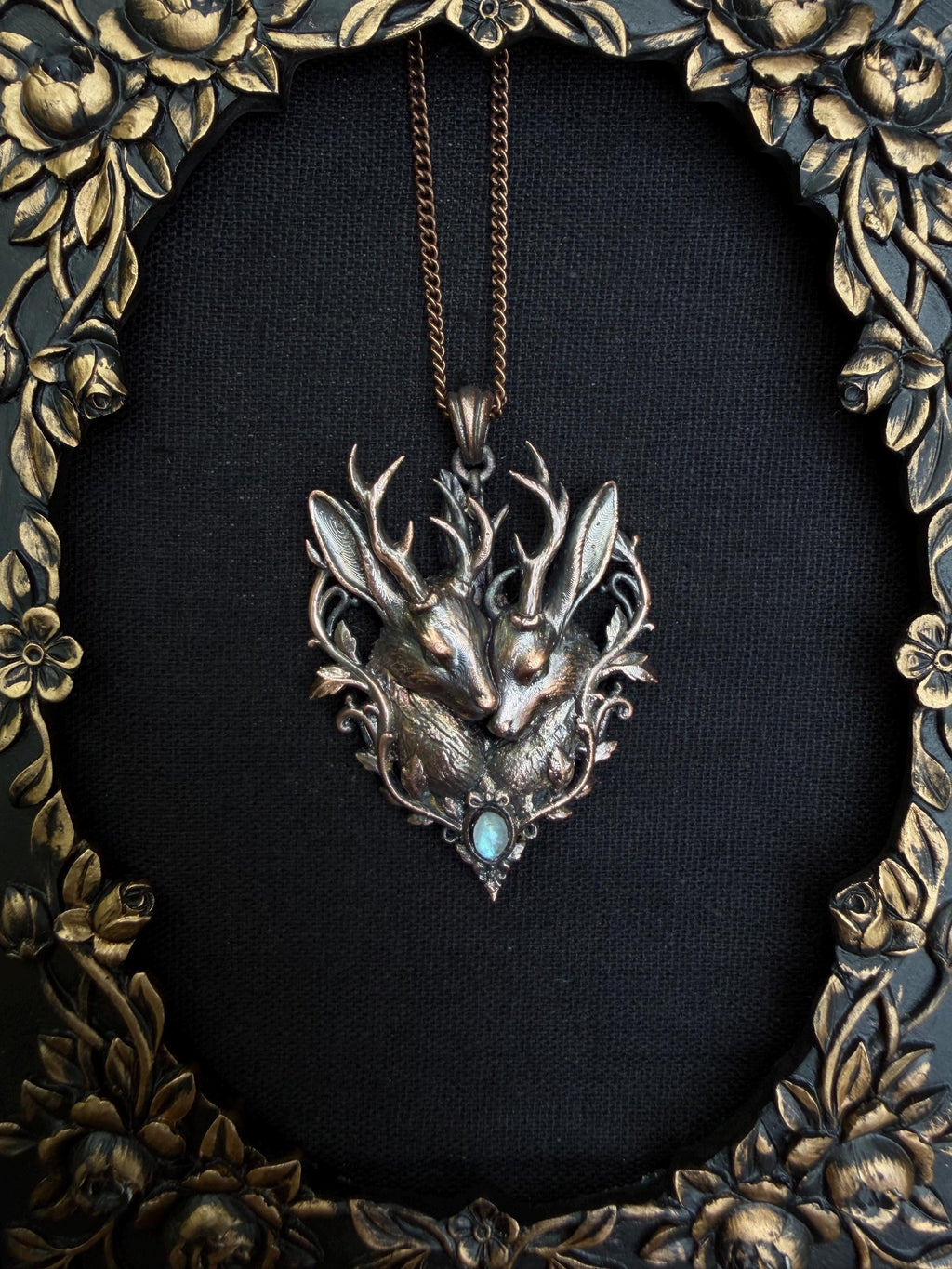 Jackalope Soulmates Pendant • Moonstone • Electroformed Copper • Original Sculpture