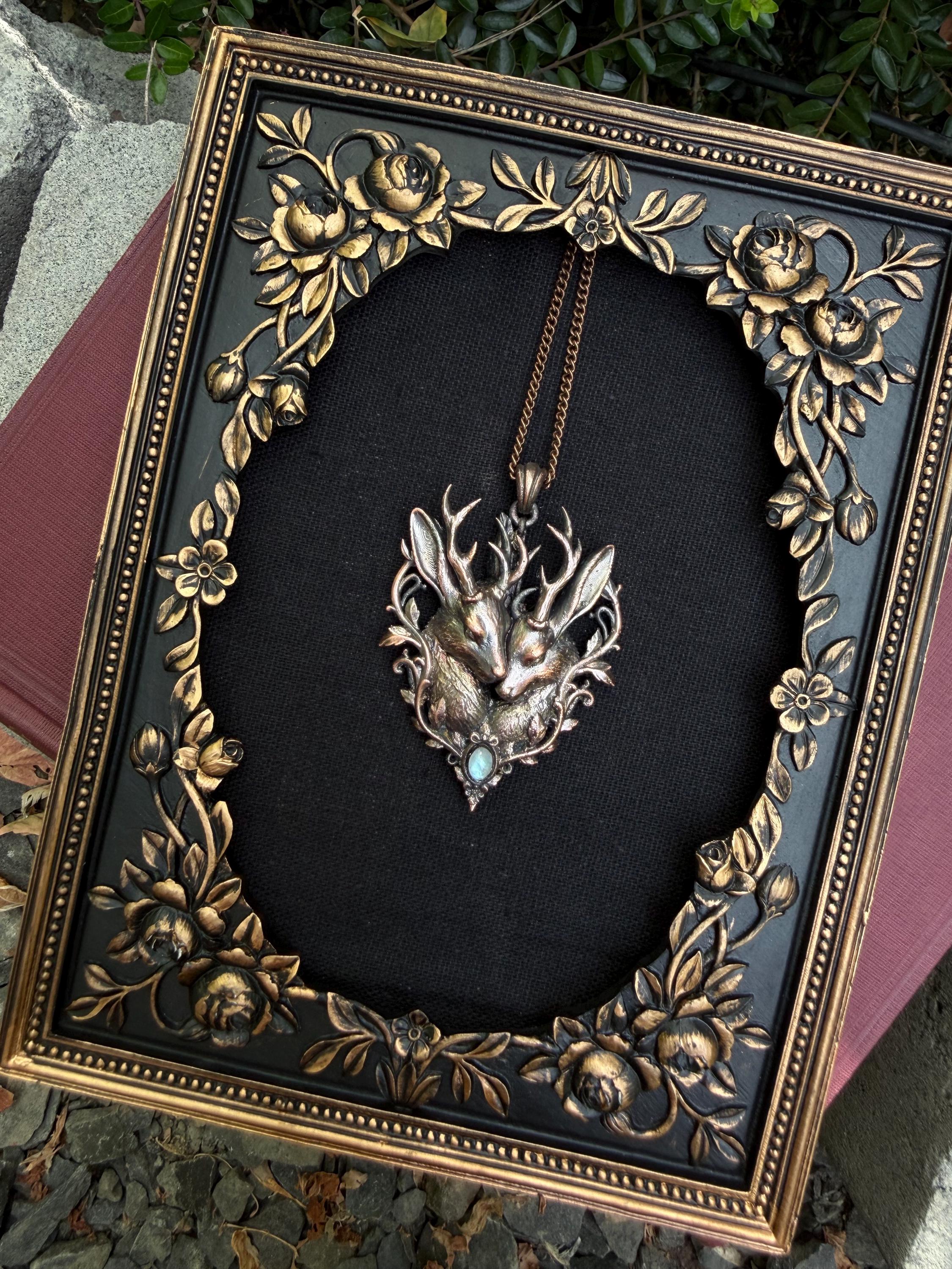 Jackalope Soulmates Pendant • Moonstone • Electroformed Copper • Original Sculpture
