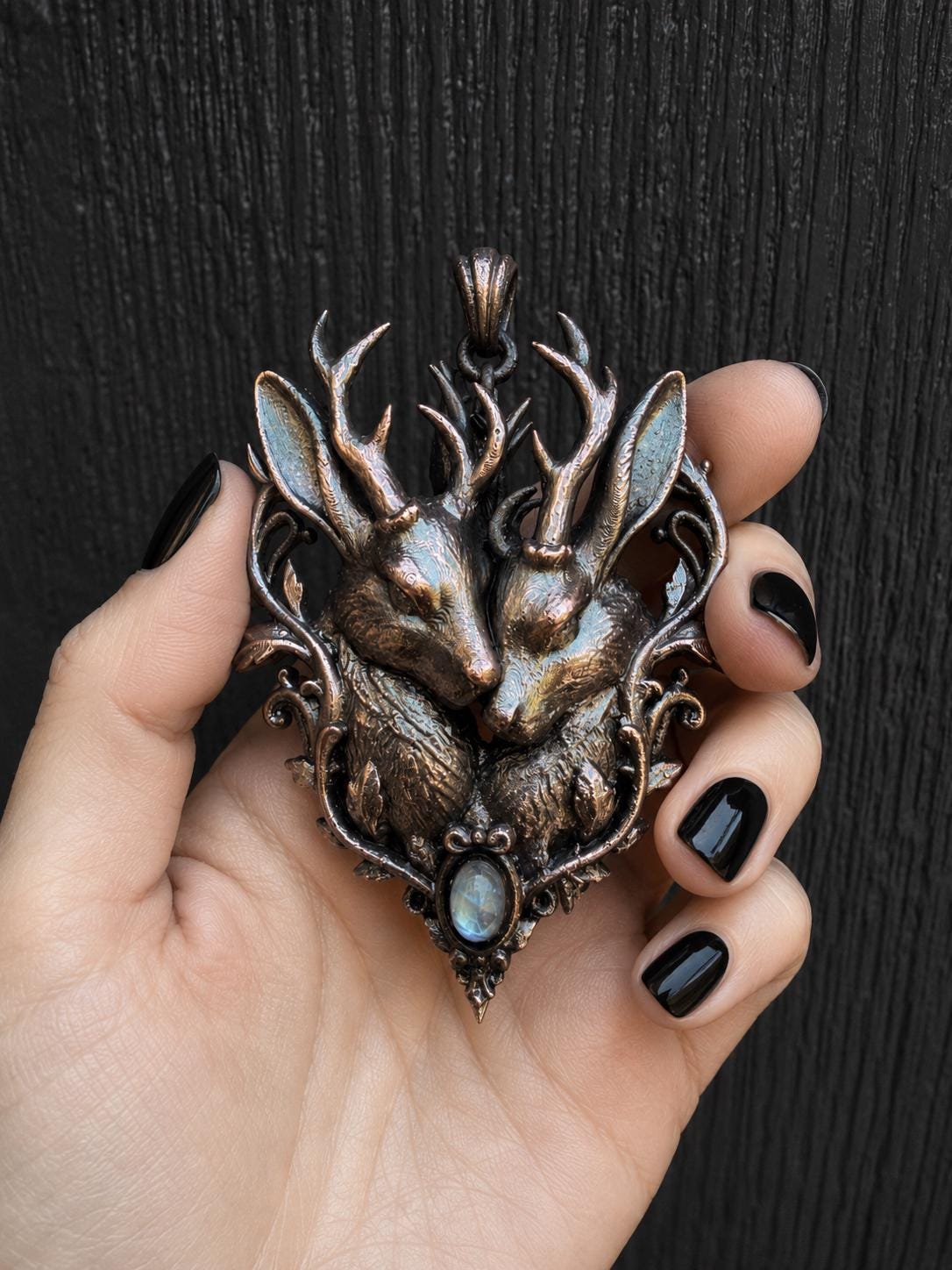 Jackalope Soulmates Pendant • Moonstone • Electroformed Copper • Original Sculpture