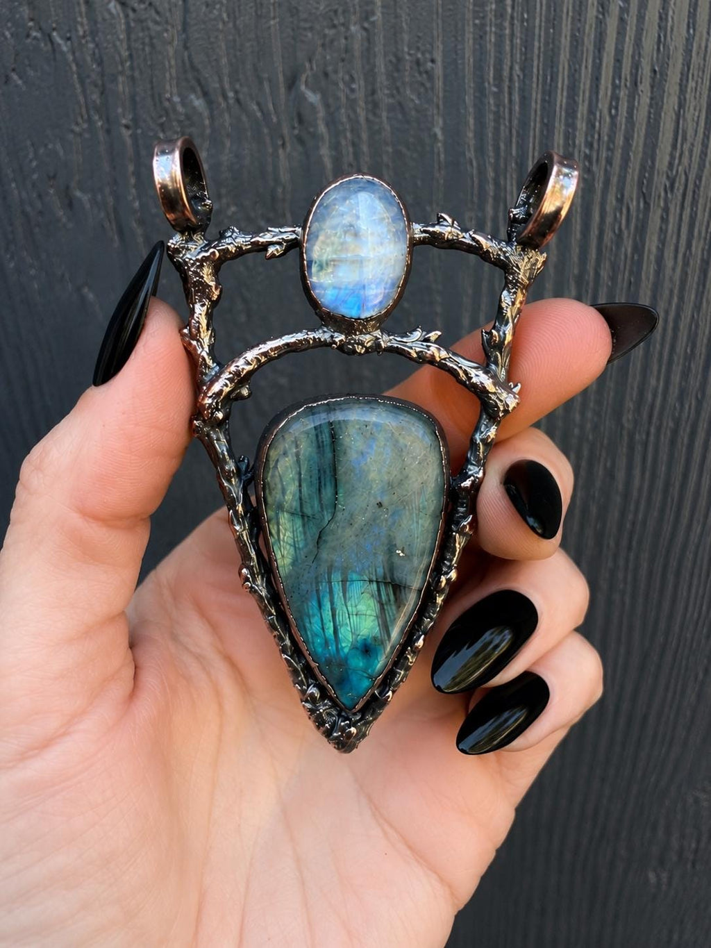 Cathedral Labradorite & Moonstone Twig Pendant • One of a Kind • Electroformed Copper Woodland Necklace