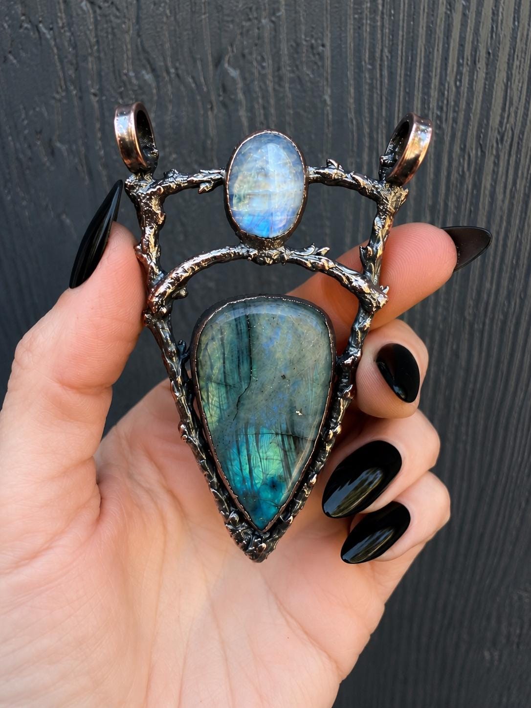 Cathedral Labradorite & Moonstone Twig Pendant • One of a Kind • Electroformed Copper Woodland Necklace